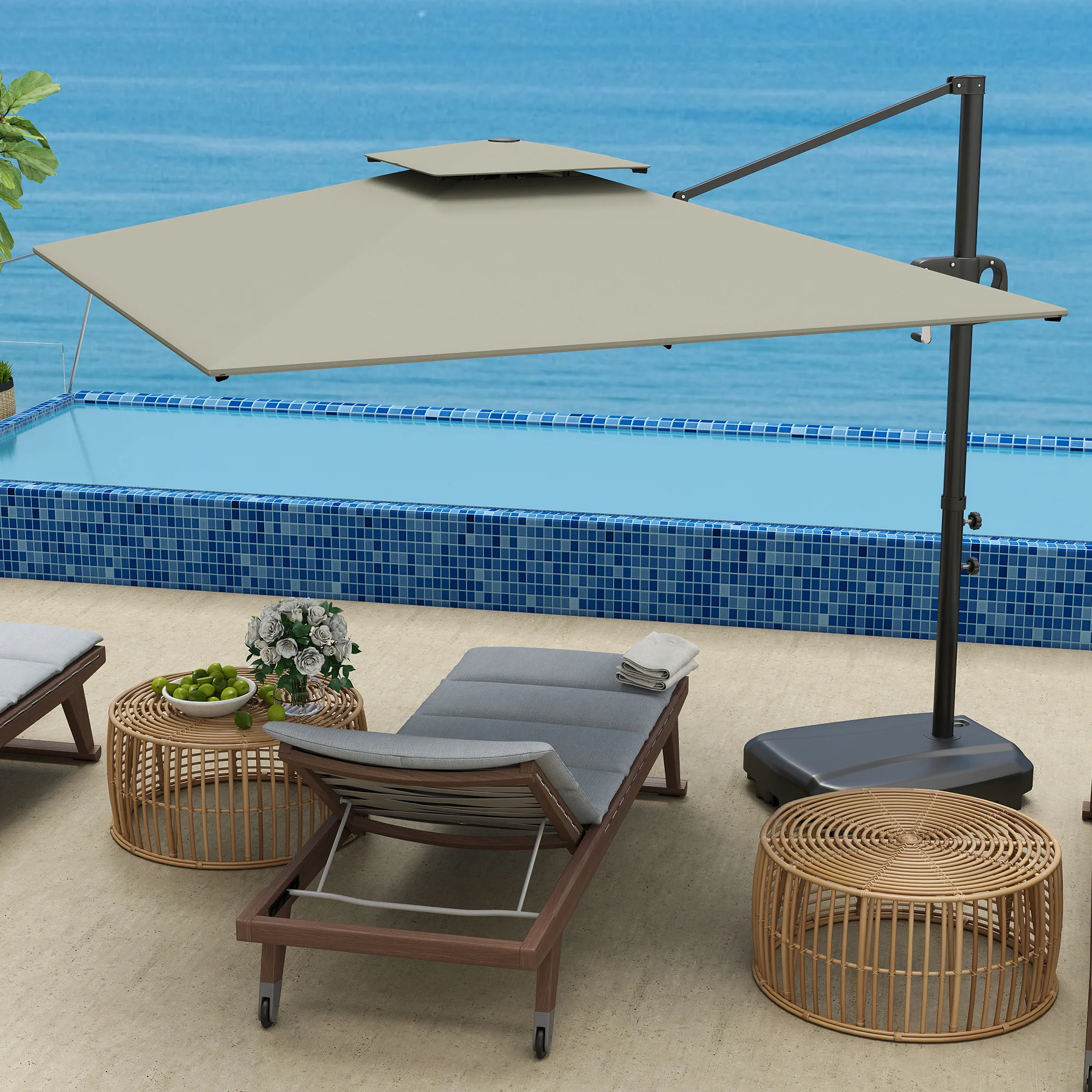 2.5m Square Overhanging Parasol with Double Top, Crank Handle & Fillable Base, Light Grey - Image 10
