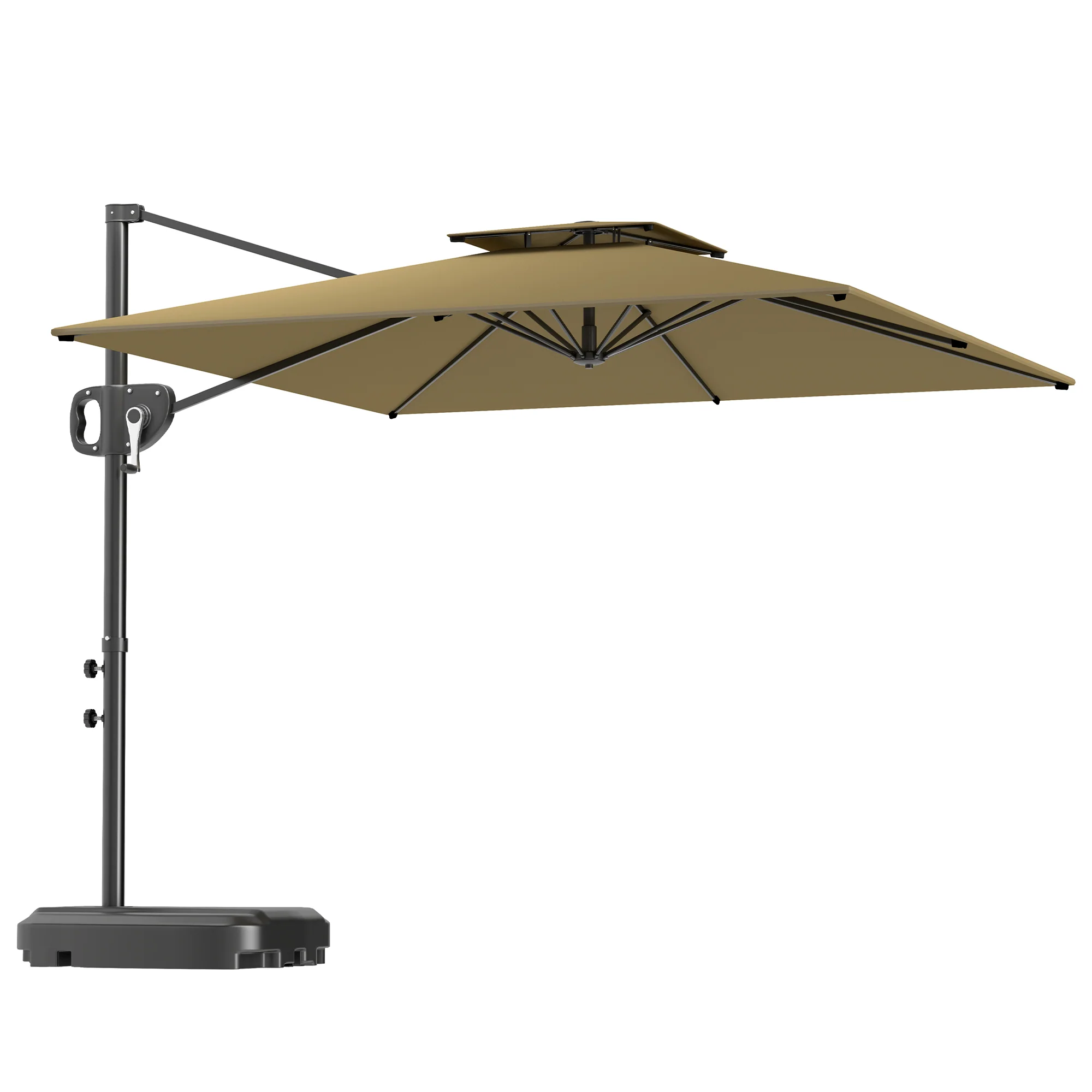 2.5m Square Overhanging Parasol with Double Top, Crank Handle & Fillable Base, Khaki - Image 12