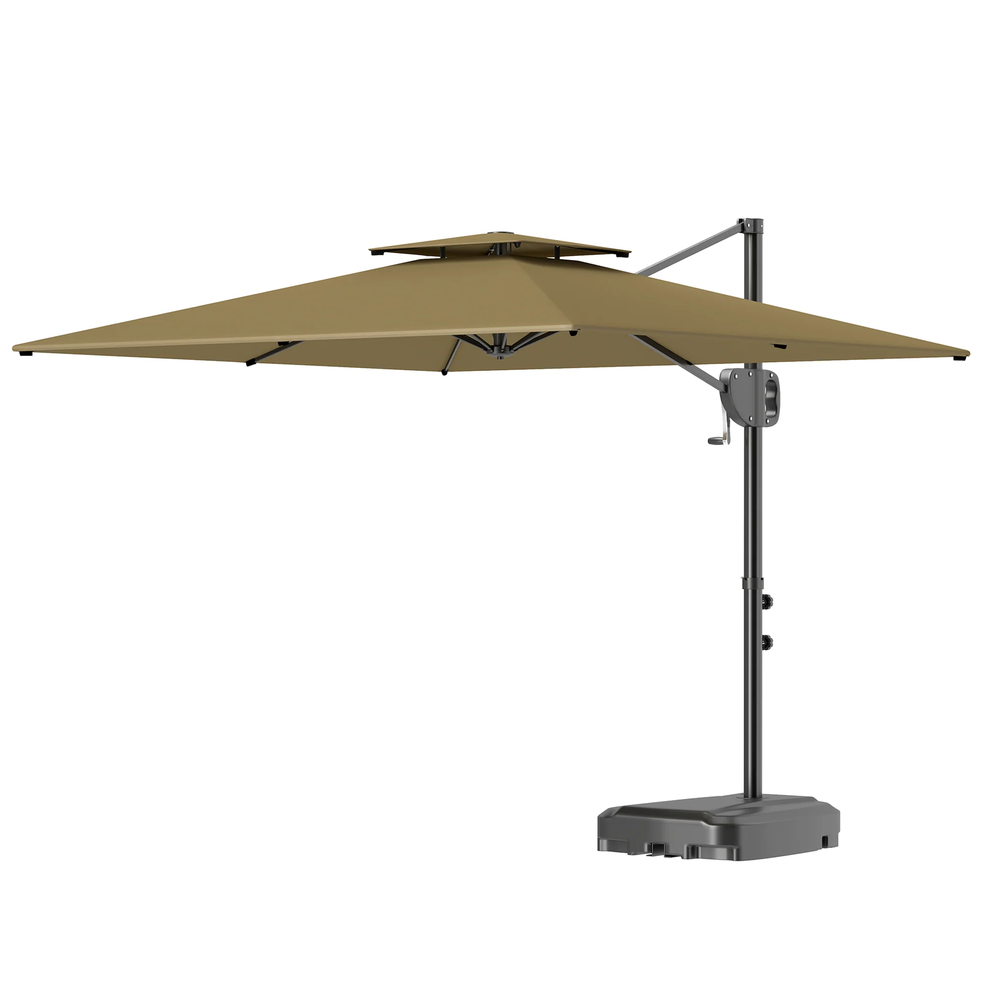 2.5m Square Overhanging Parasol with Double Top, Crank Handle & Fillable Base, Khaki - Image 2