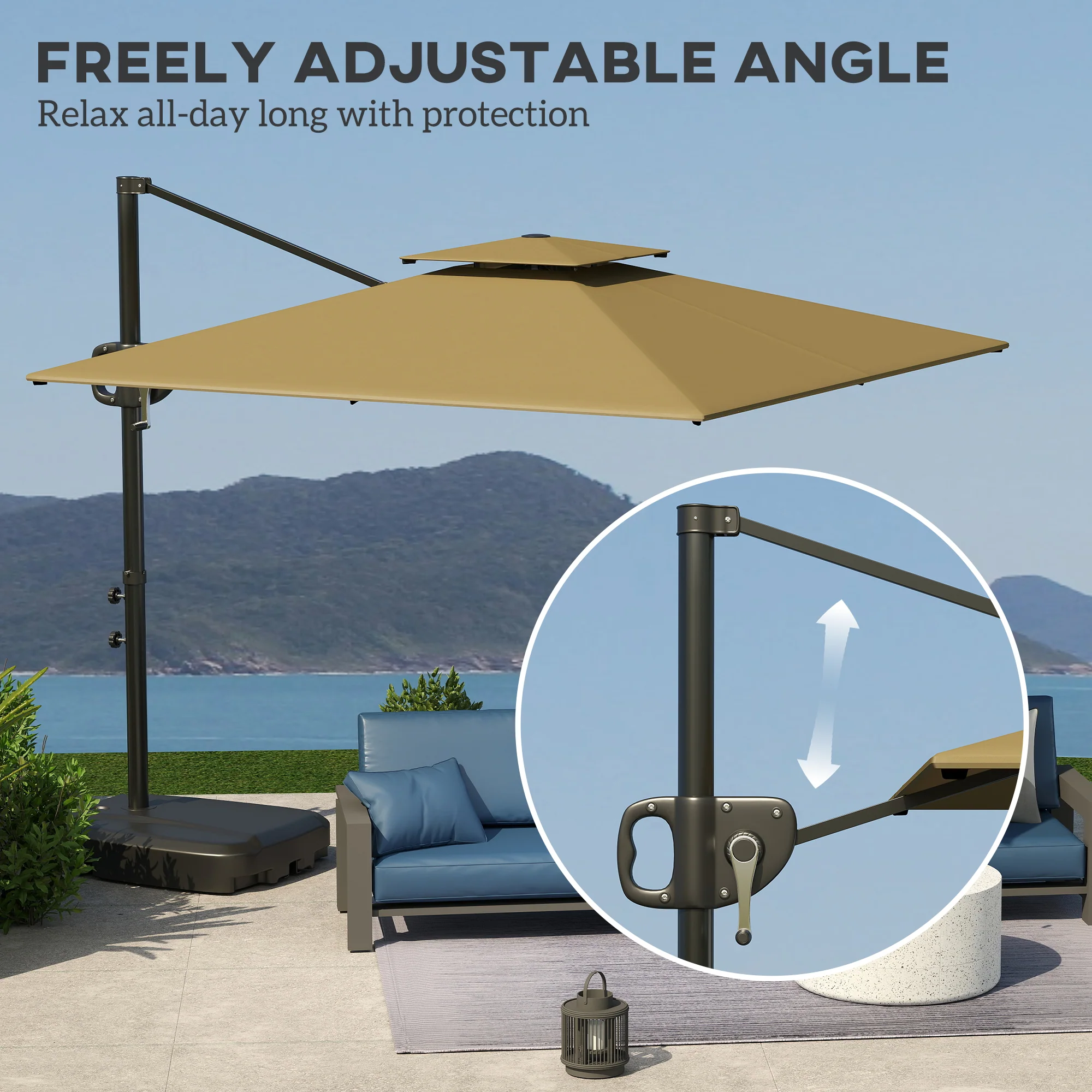 2.5m Square Overhanging Parasol with Double Top, Crank Handle & Fillable Base, Khaki - Image 7