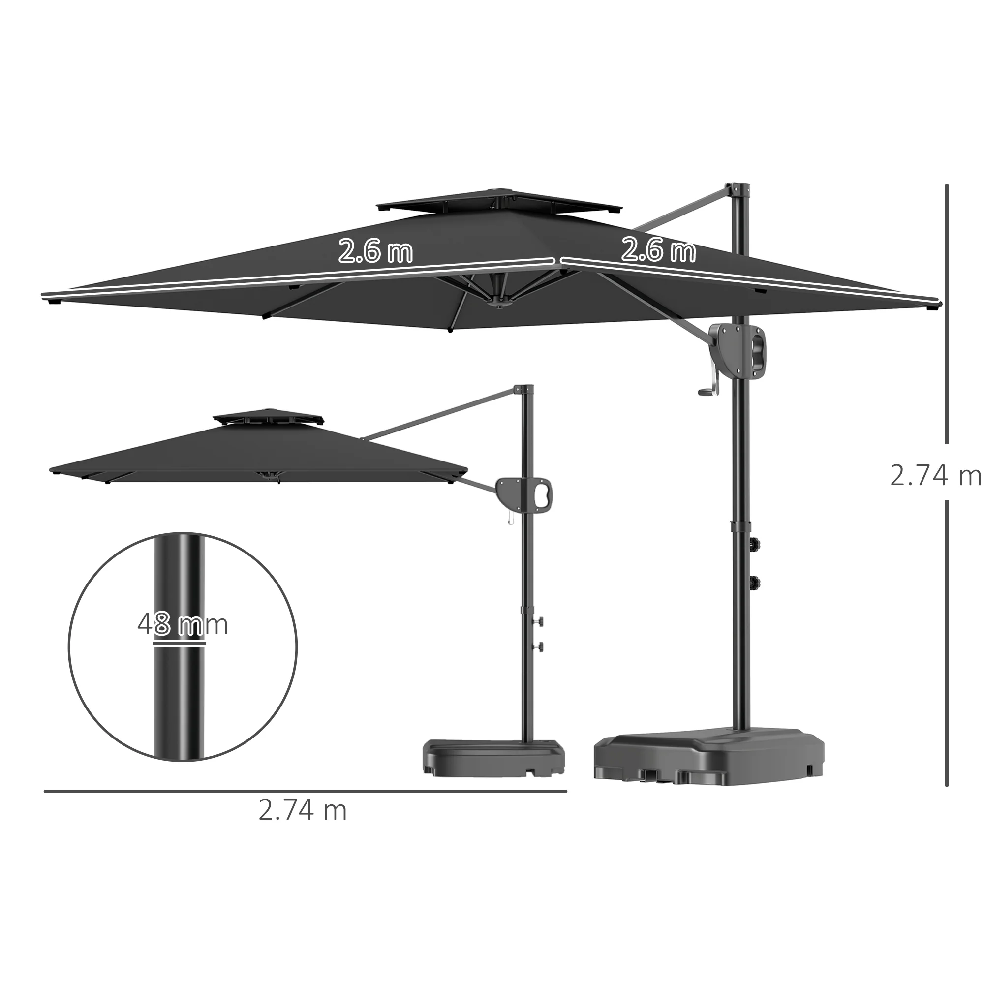 2.5m Square Overhanging Parasol with Double Top, Crank Handle & Fillable Base, Dark Grey - Image 5