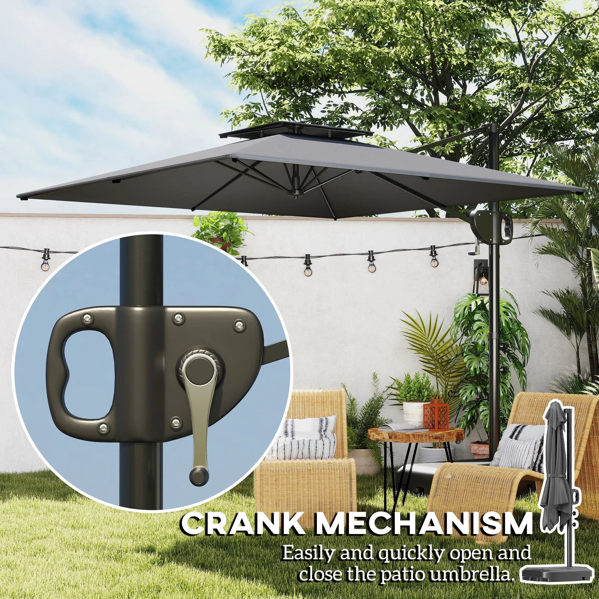 2.5m Square Overhanging Parasol with Double Top, Crank Handle & Fillable Base, Dark Grey - Image 9