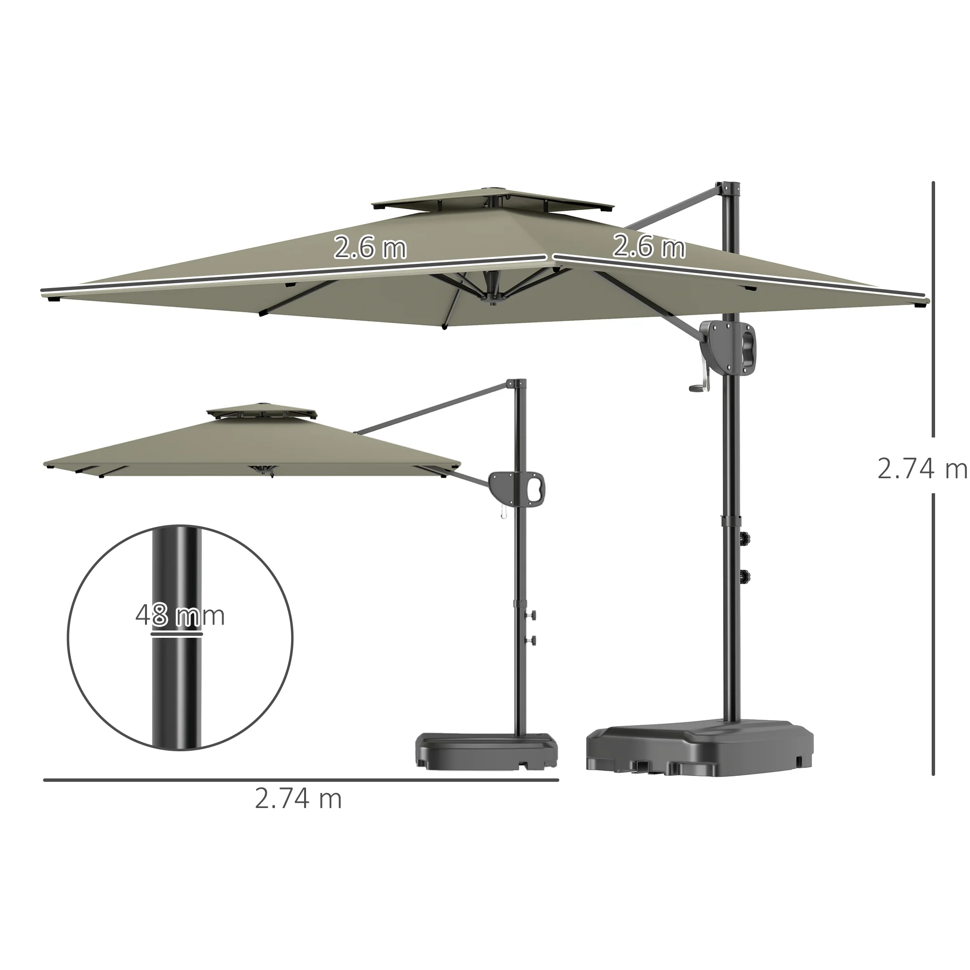 2.5m Square Overhanging Parasol with Double Top, Crank Handle & Fillable Base, Light Grey - Image 5