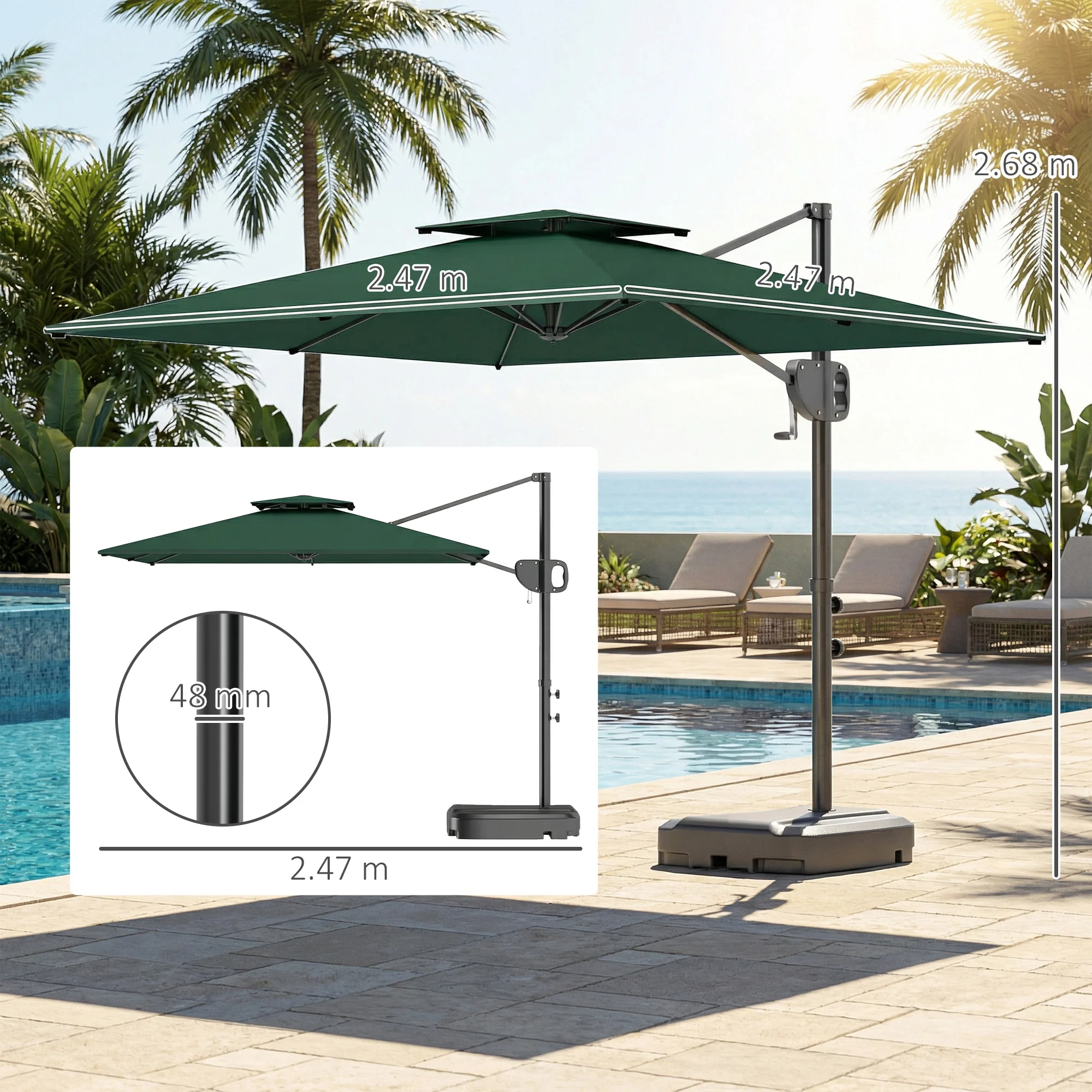 2.5 m Cantilever Parasol with Fillable Base and Double Top, Dark Green - Image 5