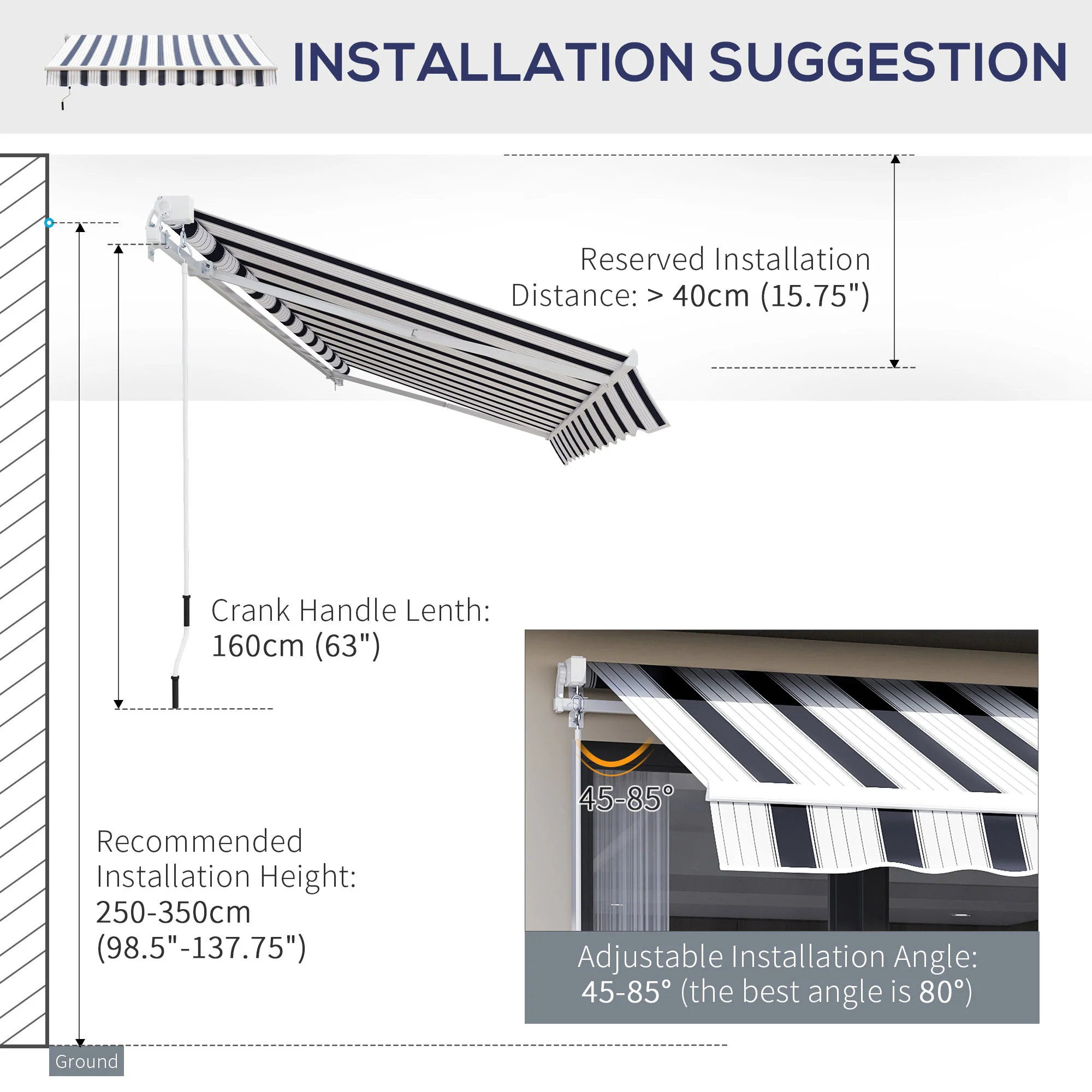 2.5 x 2m Manual Retractable Awning Canopy with Winding Handle for Patio, Blue/White Stripes - Image 10