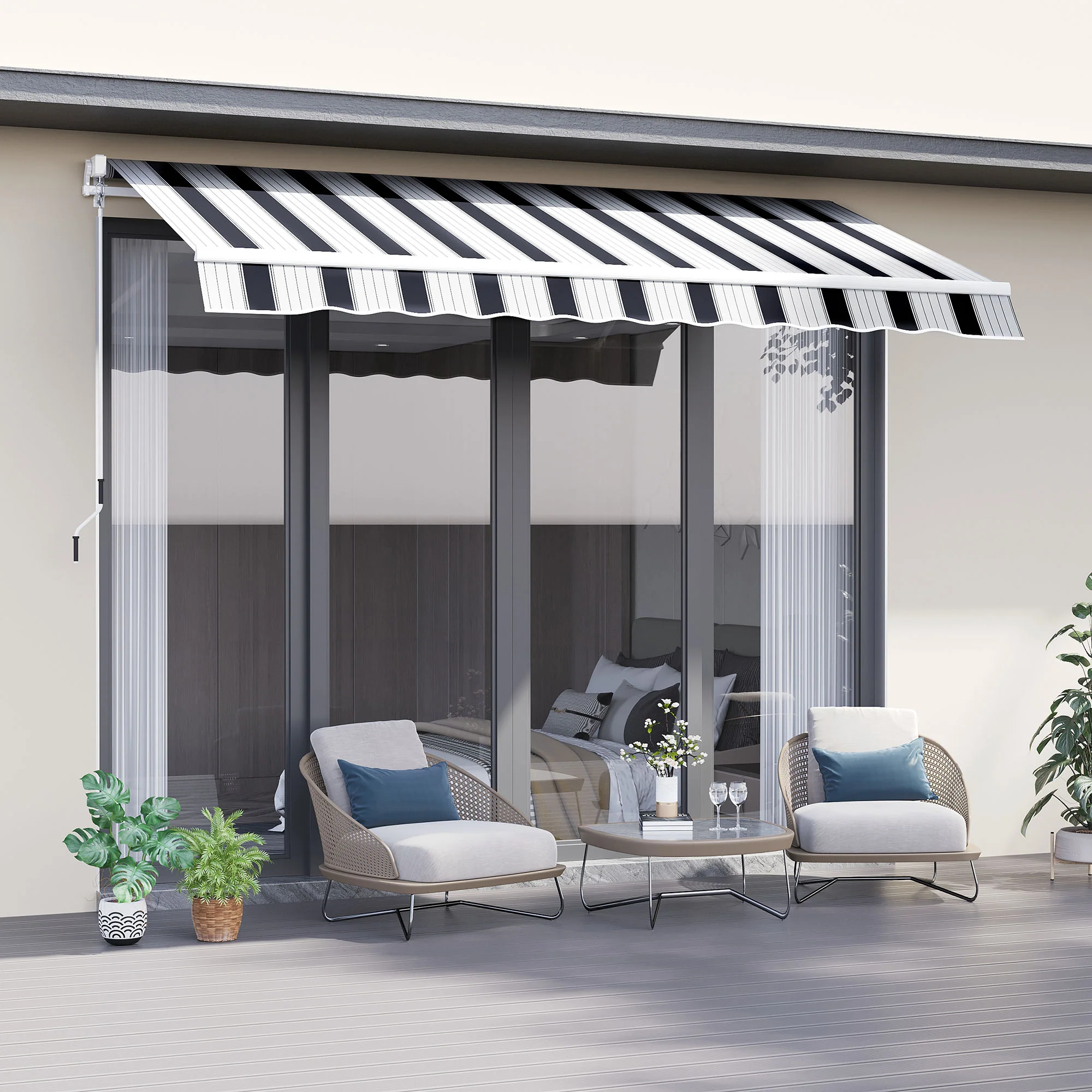 2.5 x 2m Manual Retractable Awning Canopy with Winding Handle for Patio, Blue/White Stripes - Image 3