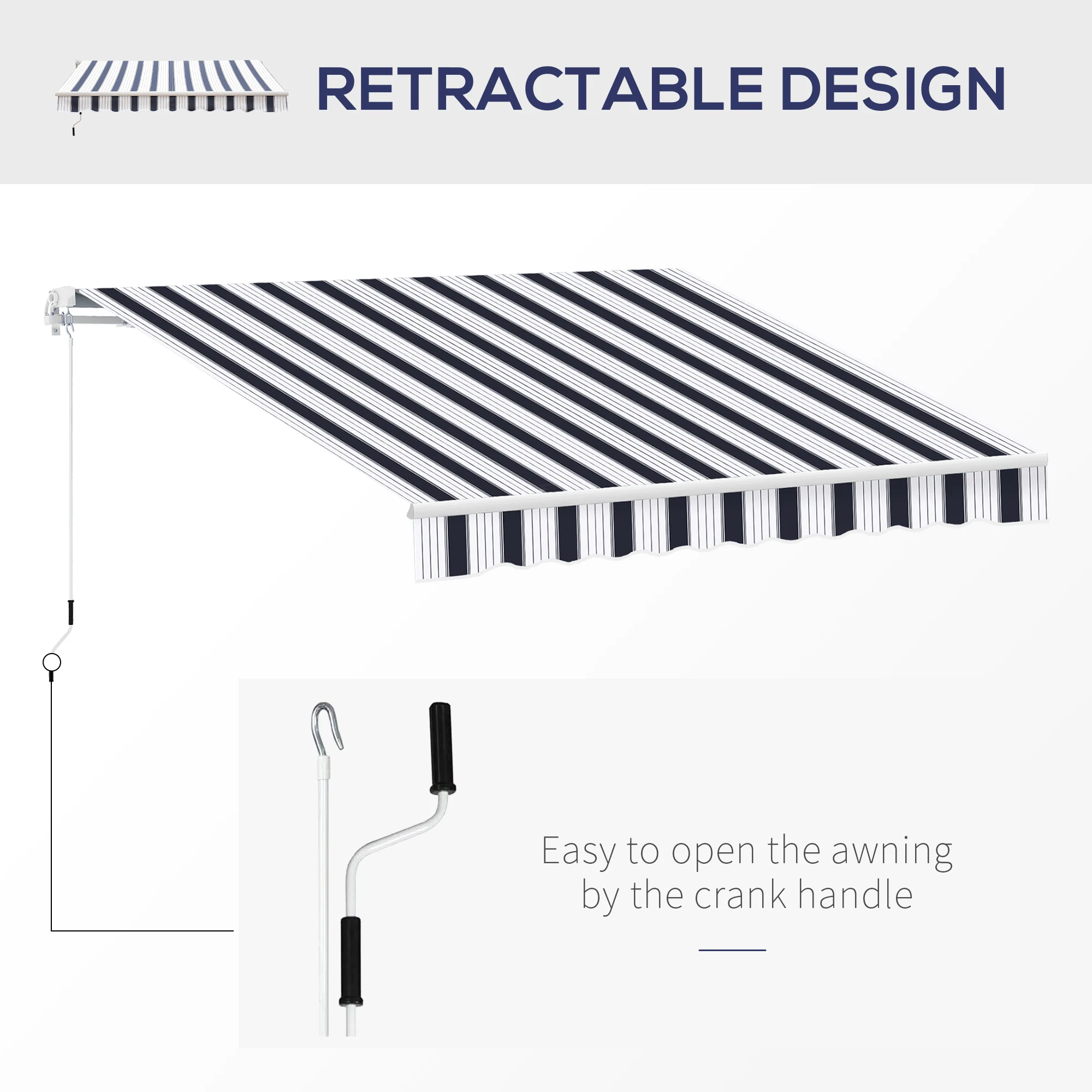 2.5 x 2m Manual Retractable Awning Canopy with Winding Handle for Patio, Blue/White Stripes - Image 7