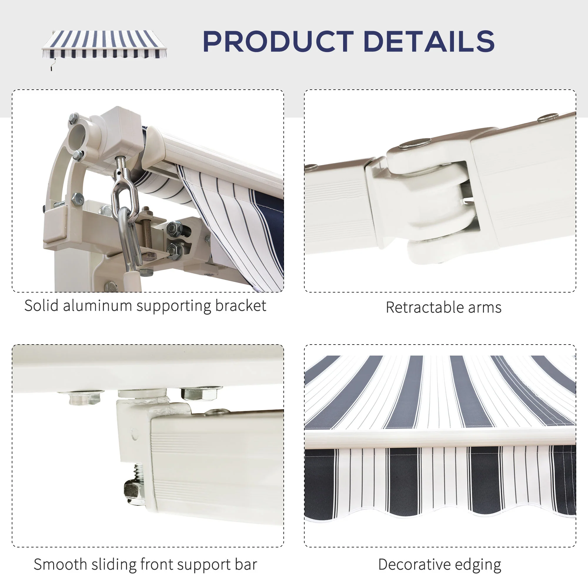 2.5 x 2m Manual Retractable Awning Canopy with Winding Handle for Patio, Blue/White Stripes - Image 9