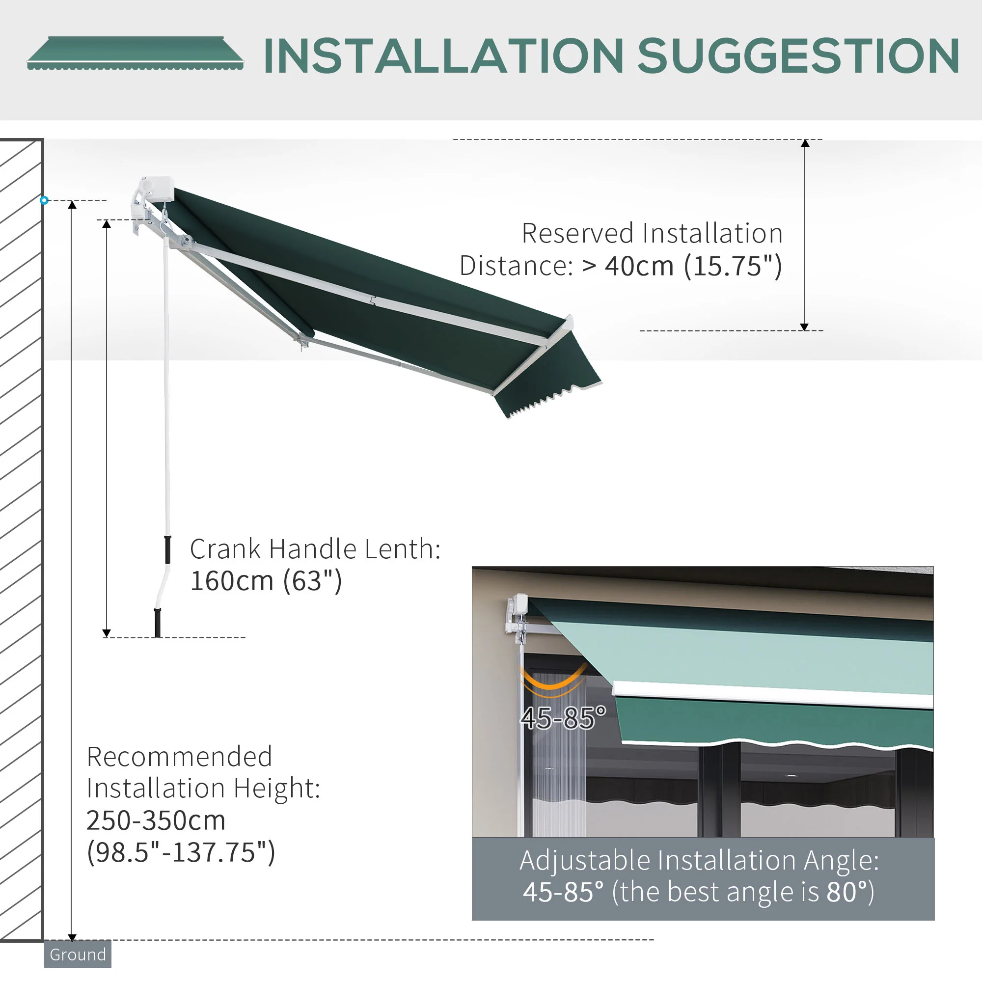 2.5 x 2m Manual Retractable Awning Canopy with Winding Handle for Patio, Green - Image 8