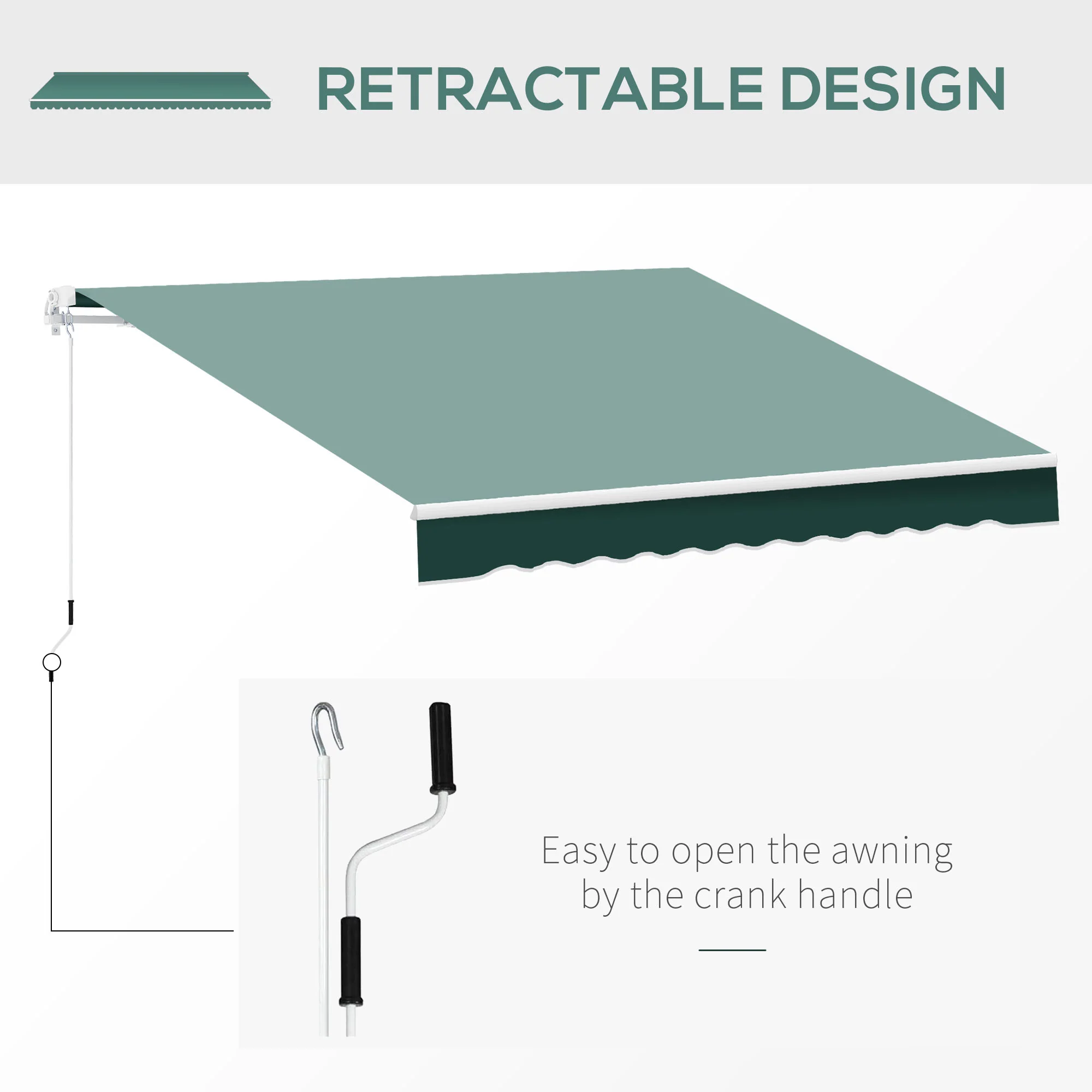 2.5 x 2m Manual Retractable Awning Canopy with Winding Handle for Patio, Green - Image 9