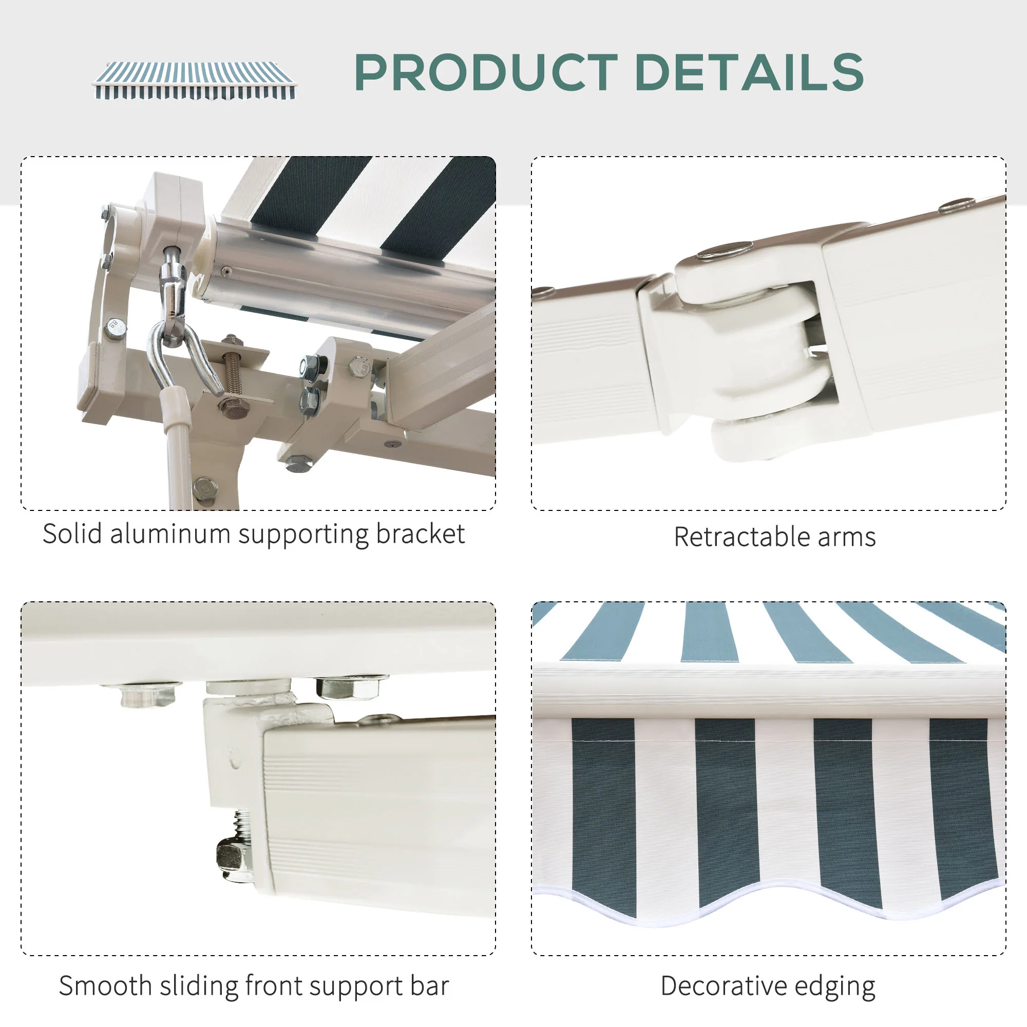 2.5 x 2m Manual Retractable Awning Canopy with Winding Handle for Patio, Green/White Stripes - Image 10