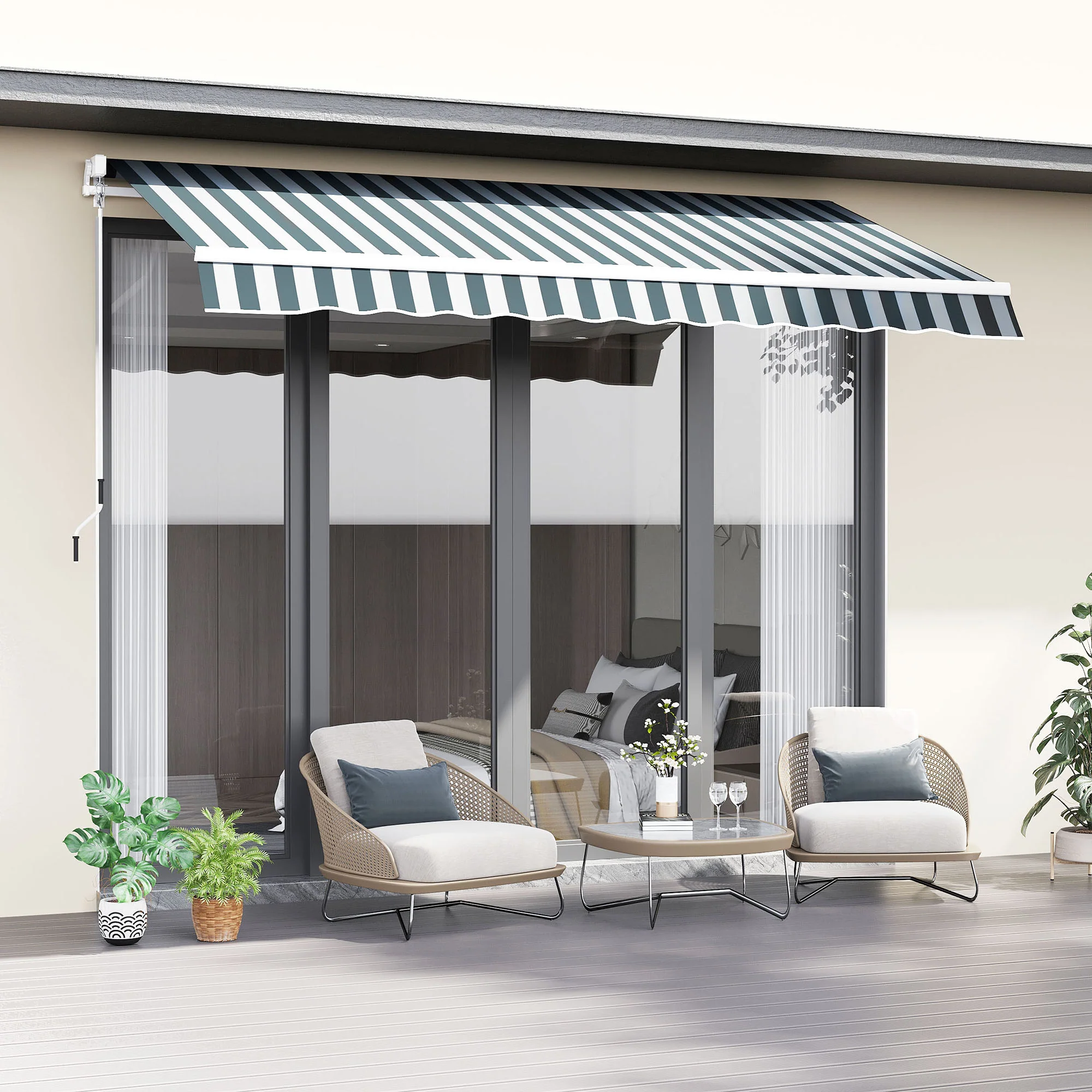 2.5 x 2m Manual Retractable Awning Canopy with Winding Handle for Patio, Green/White Stripes - Image 3