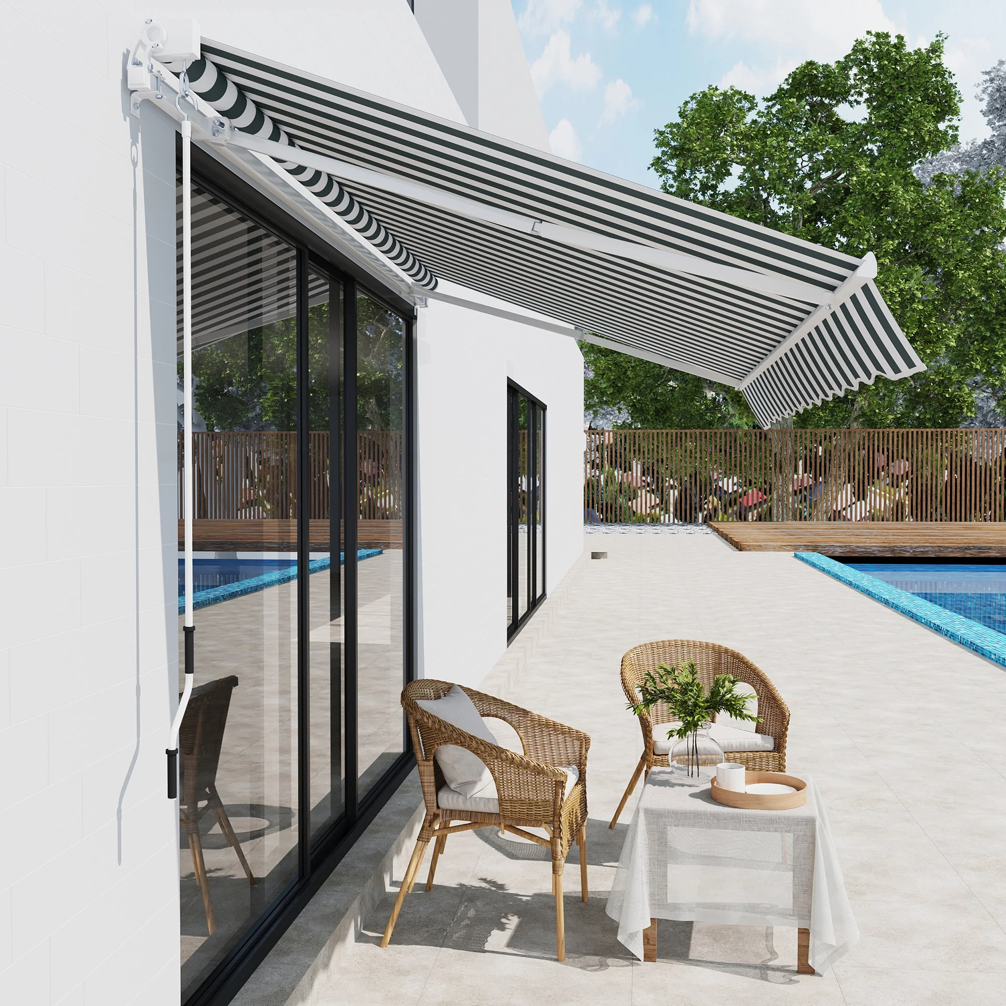2.5 x 2m Manual Retractable Awning Canopy with Winding Handle for Patio, Green/White Stripes - Image 4