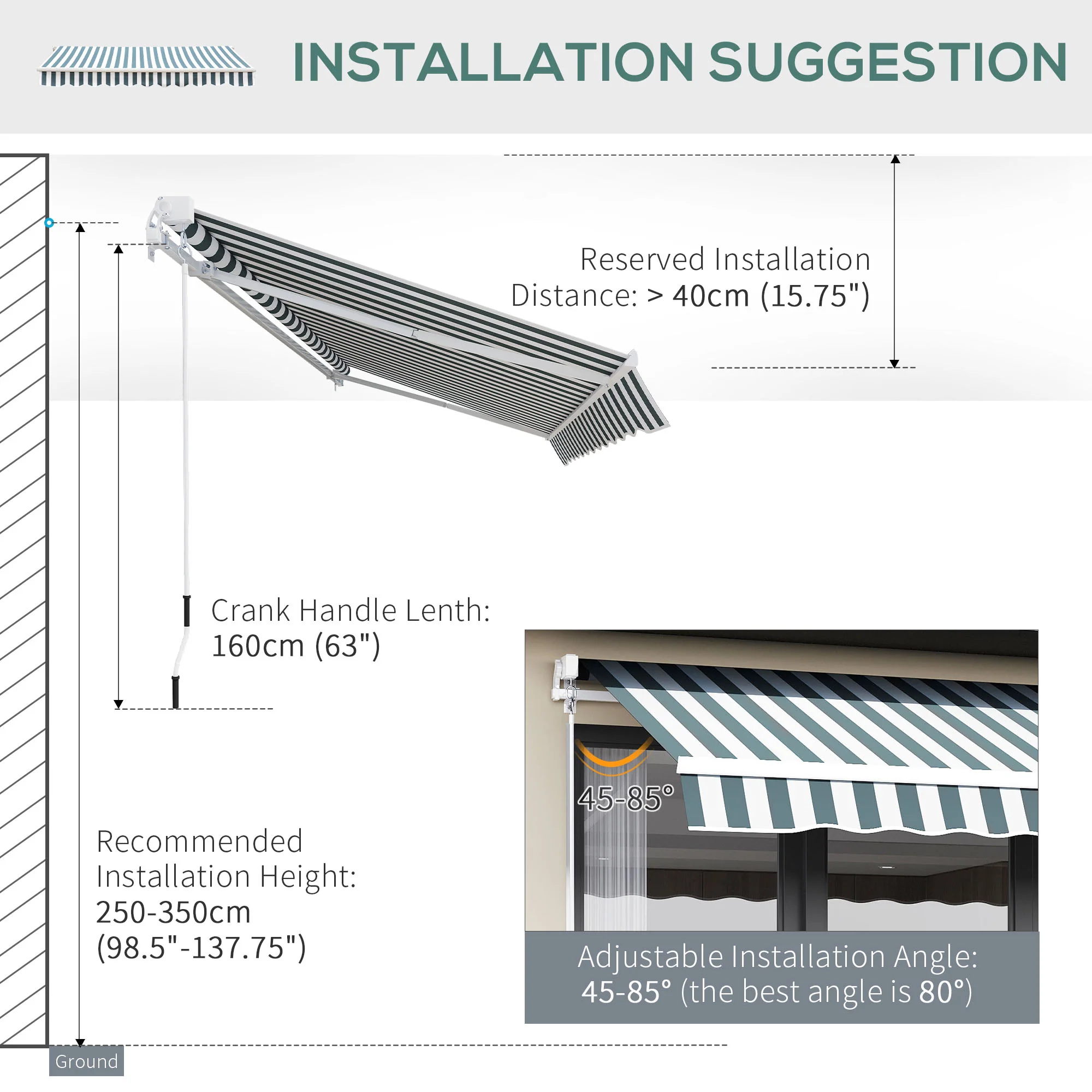 2.5 x 2m Manual Retractable Awning Canopy with Winding Handle for Patio, Green/White Stripes - Image 8