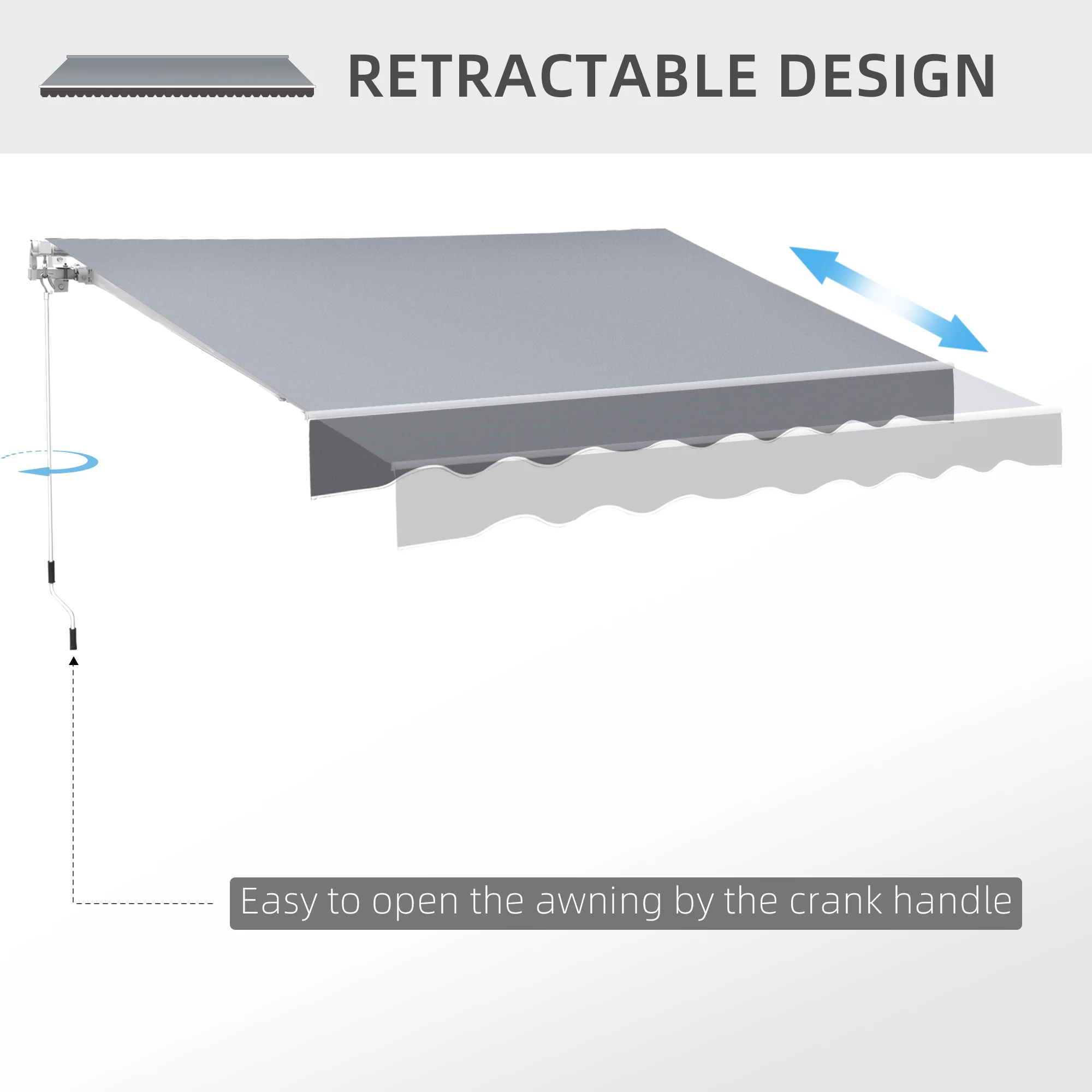 2.5 x 2m Manual Retractable Awning Canopy with Winding Handle for Garden, Patio, Grey - Image 10