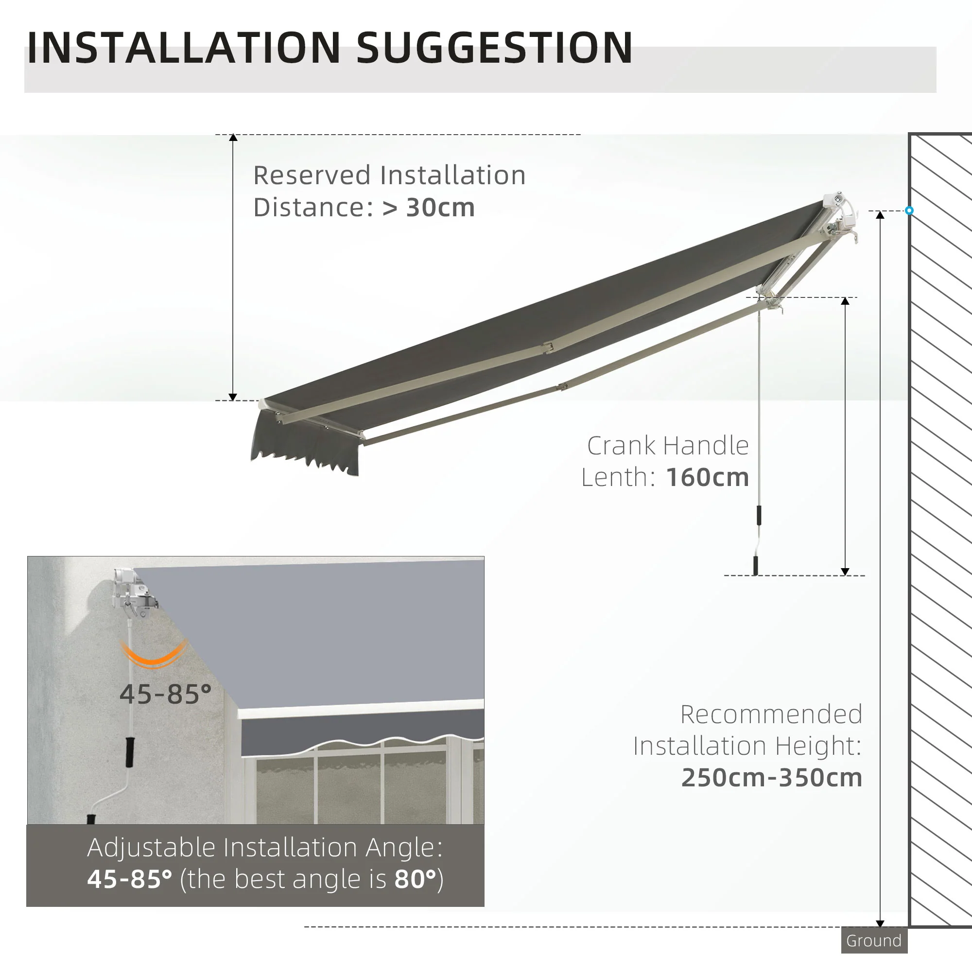 2.5 x 2m Manual Retractable Awning Canopy with Winding Handle for Garden, Patio, Grey - Image 11