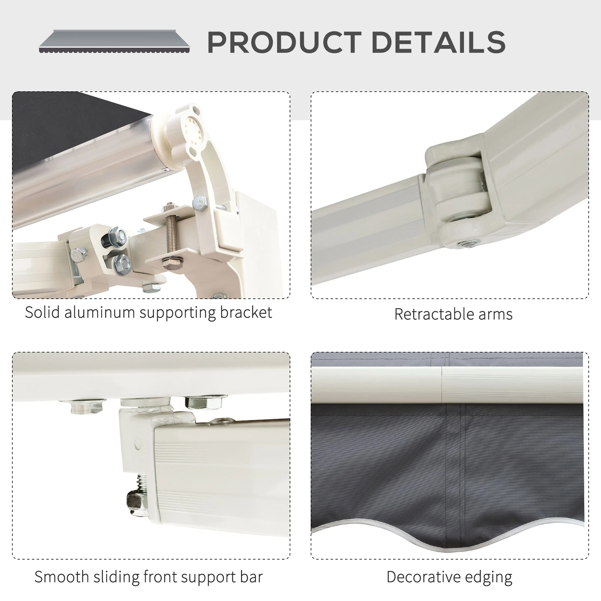 2.5 x 2m Manual Retractable Awning Canopy with Winding Handle for Garden, Patio, Grey - Image 9