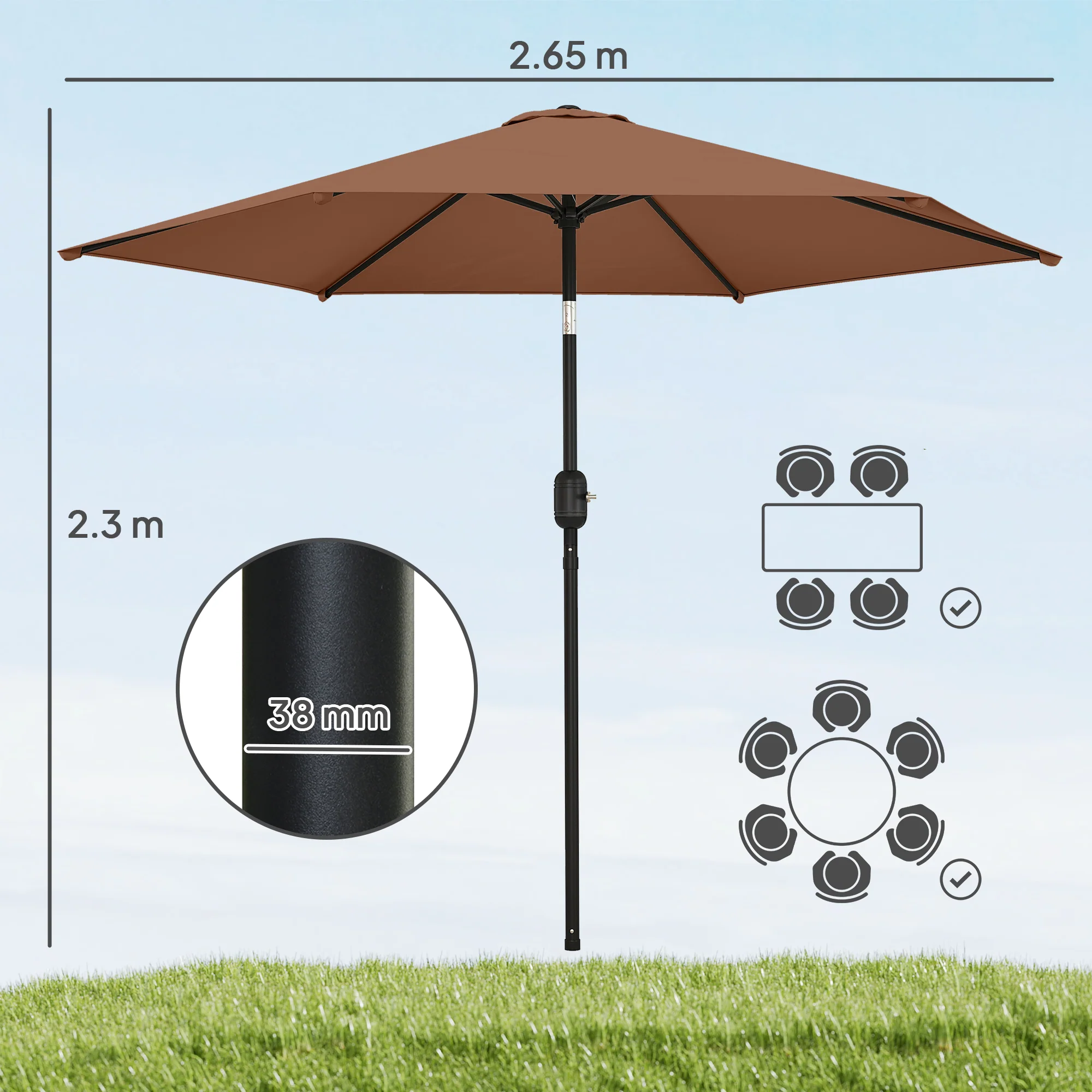 2.6 m Garden Parasol with Tilt, Crank, Vent & Aluminium Pole, Coffee - Image 5