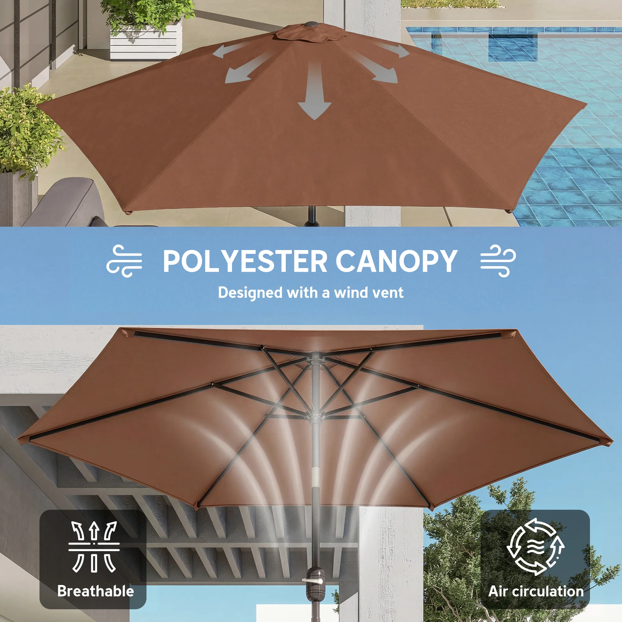 2.6 m Garden Parasol with Tilt, Crank, Vent & Aluminium Pole, Coffee - Image 8