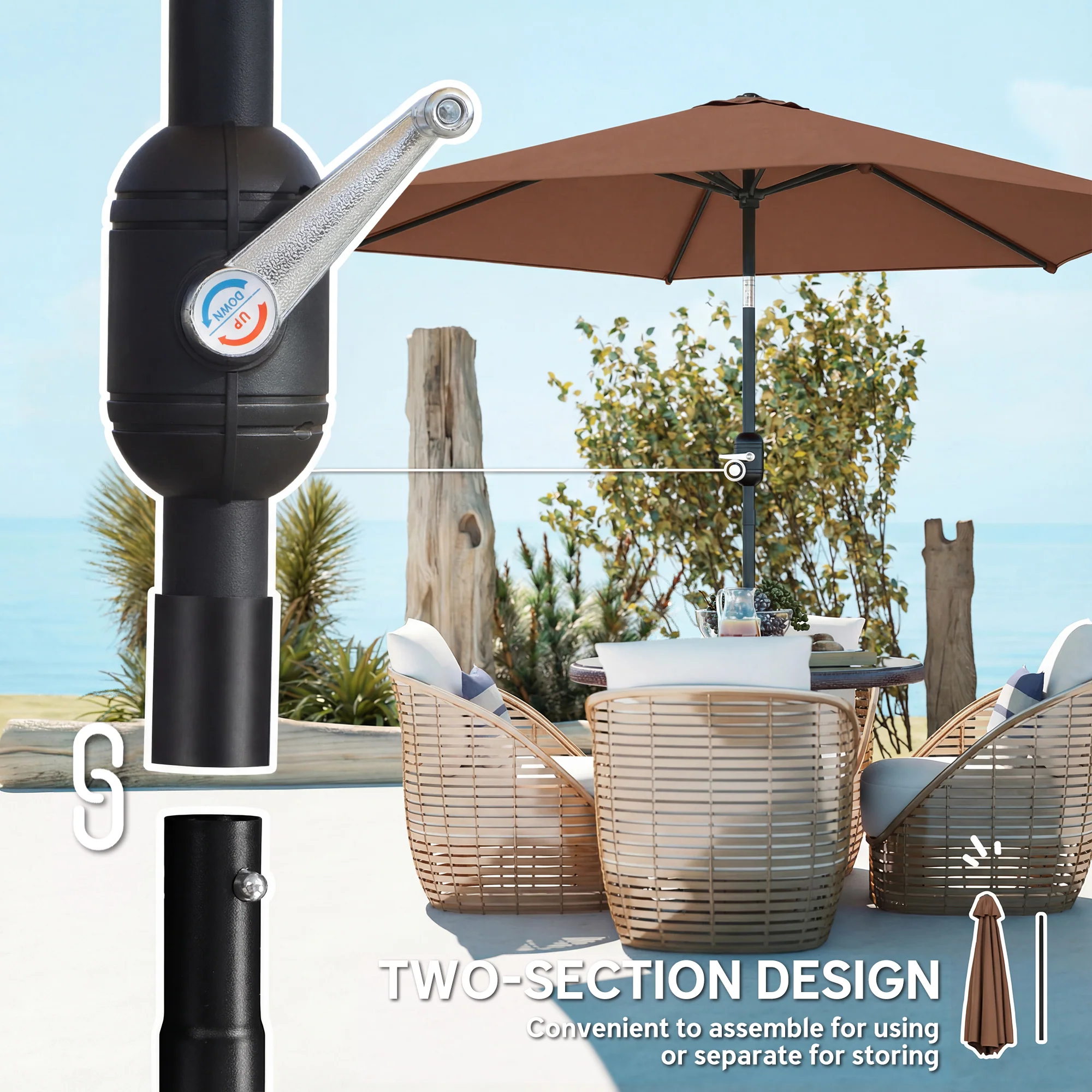 2.6 m Garden Parasol with Tilt, Crank, Vent & Aluminium Pole, Coffee - Image 9