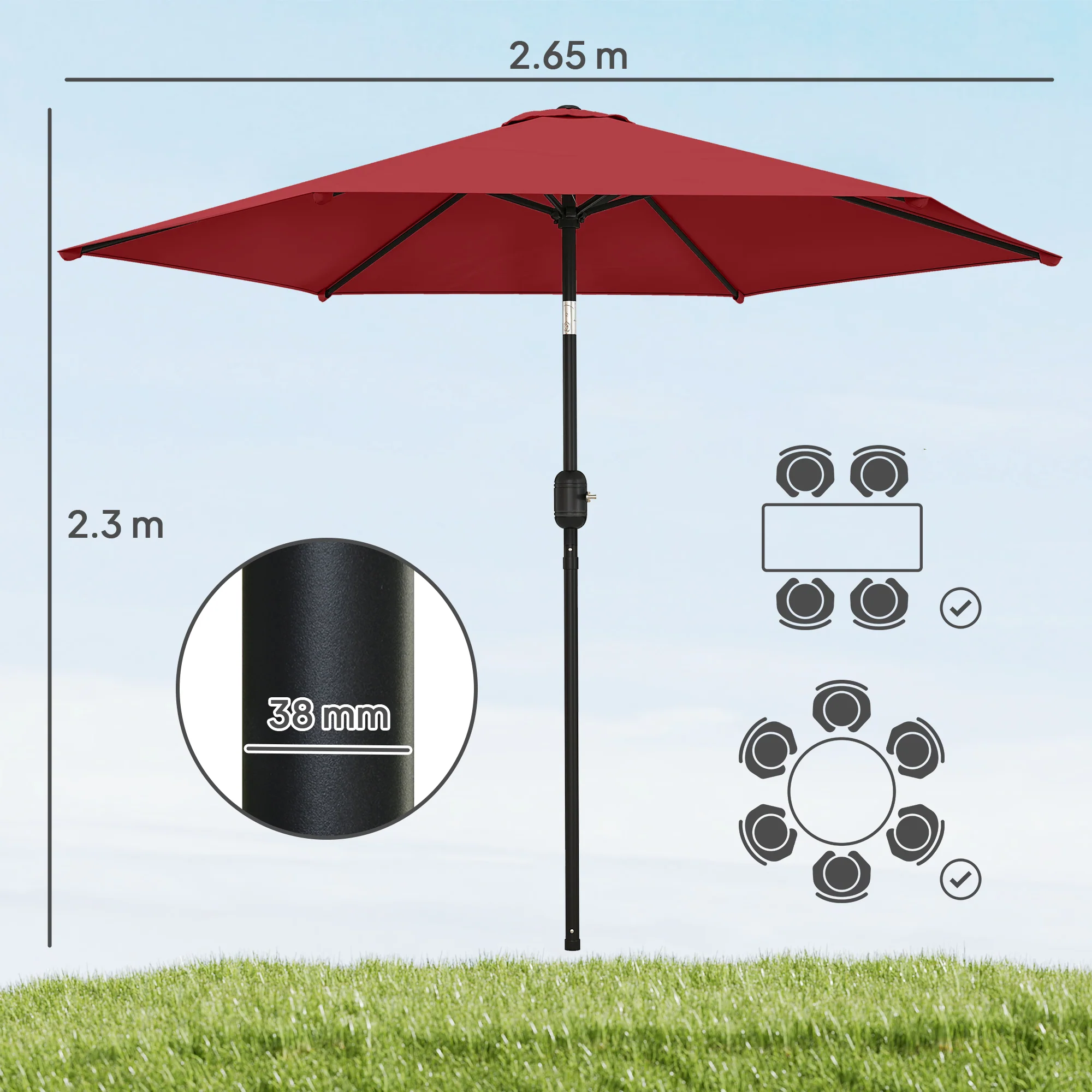 2.6 m Garden Parasol with Tilt, Crank, Vent & Aluminium Pole, Wine Red - Image 5