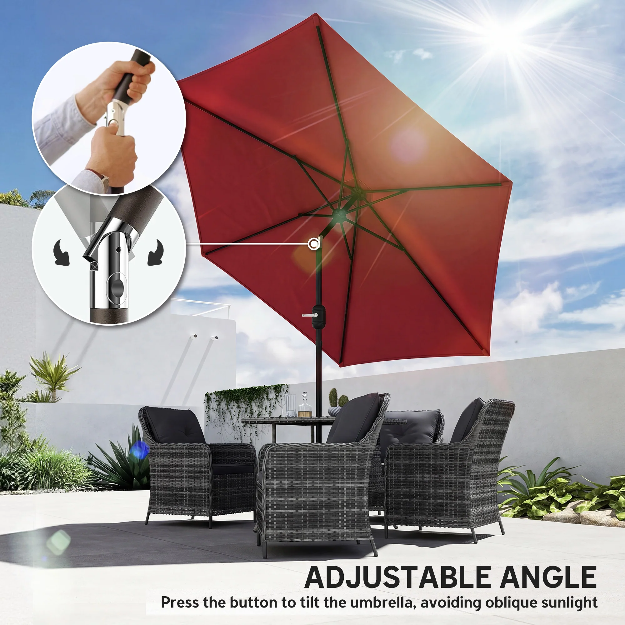 2.6 m Garden Parasol with Tilt, Crank, Vent & Aluminium Pole, Wine Red - Image 7