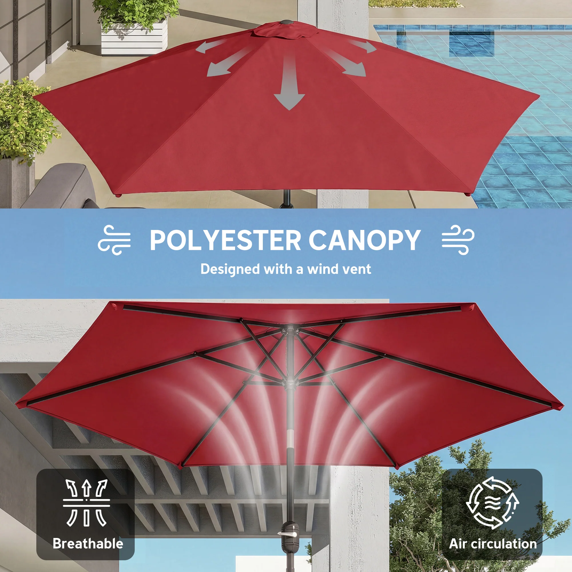 2.6 m Garden Parasol with Tilt, Crank, Vent & Aluminium Pole, Wine Red - Image 8
