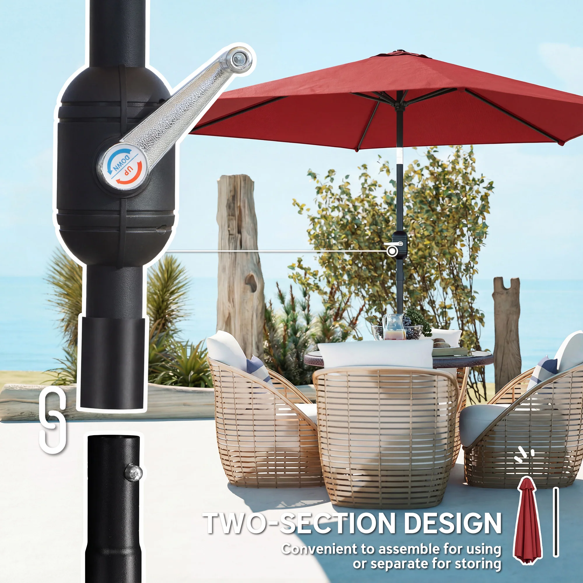 2.6 m Garden Parasol with Tilt, Crank, Vent & Aluminium Pole, Wine Red - Image 9