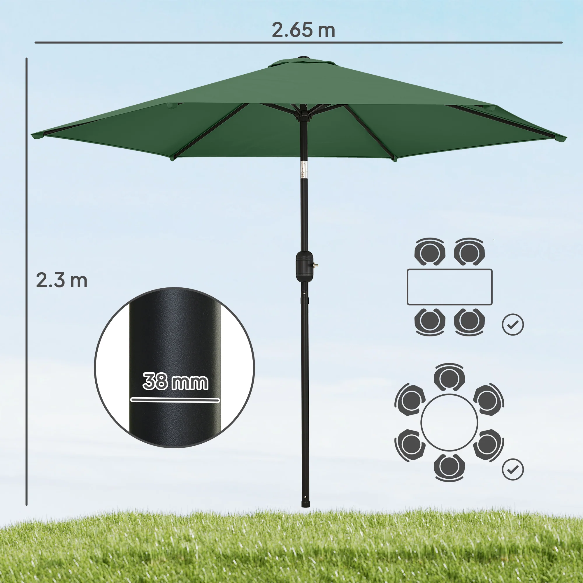 2.6 m Garden Parasol with Tilt, Crank, Vent & Aluminium Pole, Dark Green - Image 5