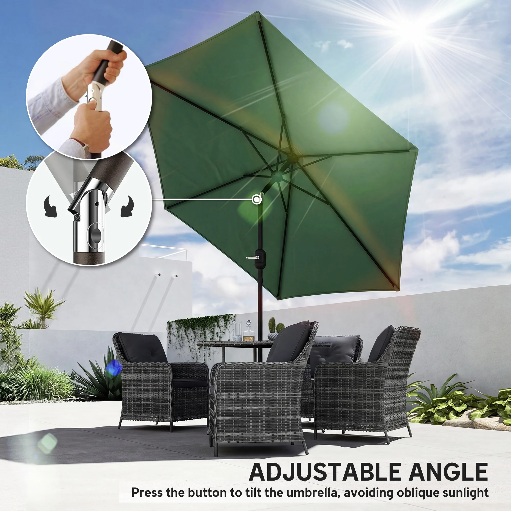 2.6 m Garden Parasol with Tilt, Crank, Vent & Aluminium Pole, Dark Green - Image 7