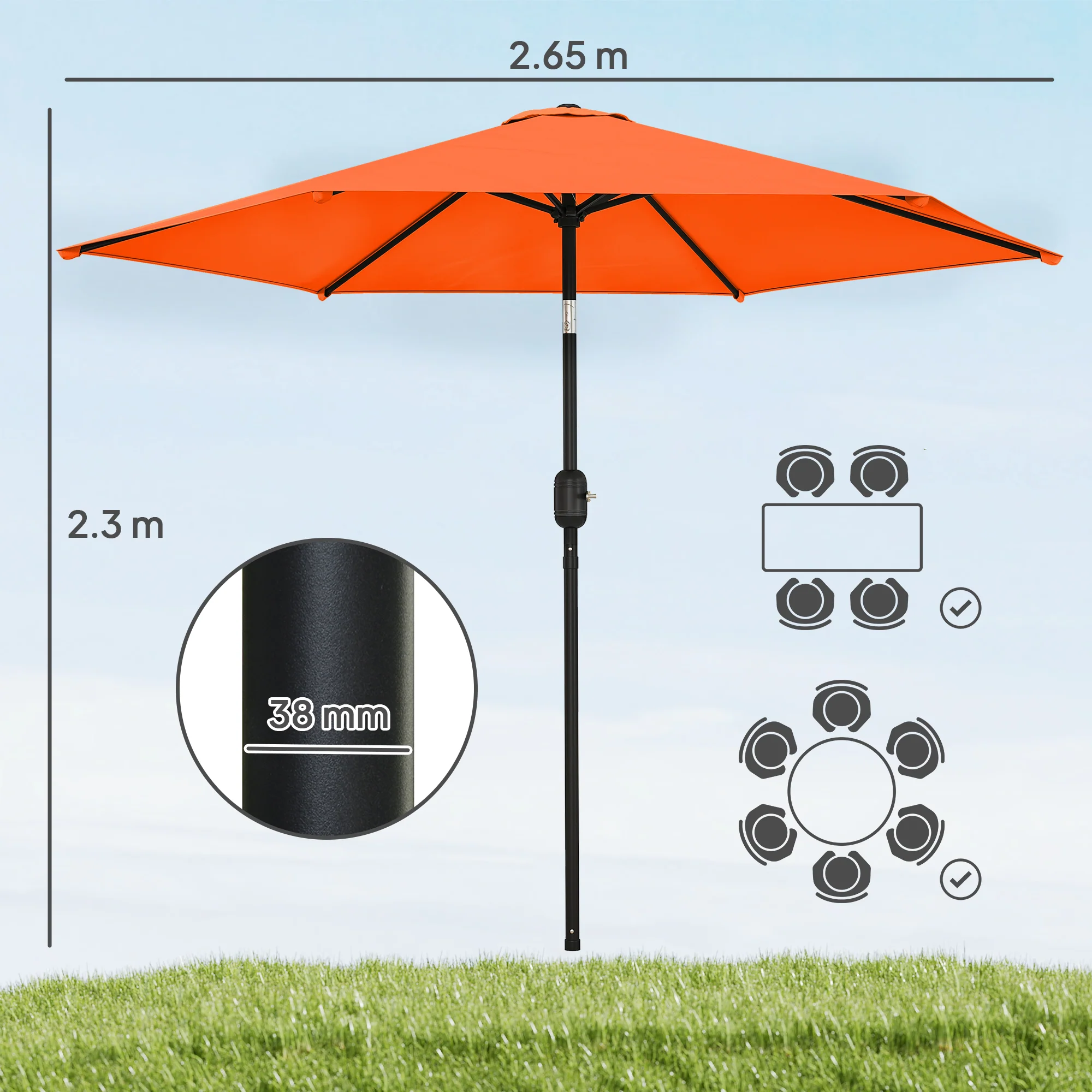 2.6 m Garden Parasol with Tilt, Crank, Vent & Aluminium Pole, Orange - Image 5