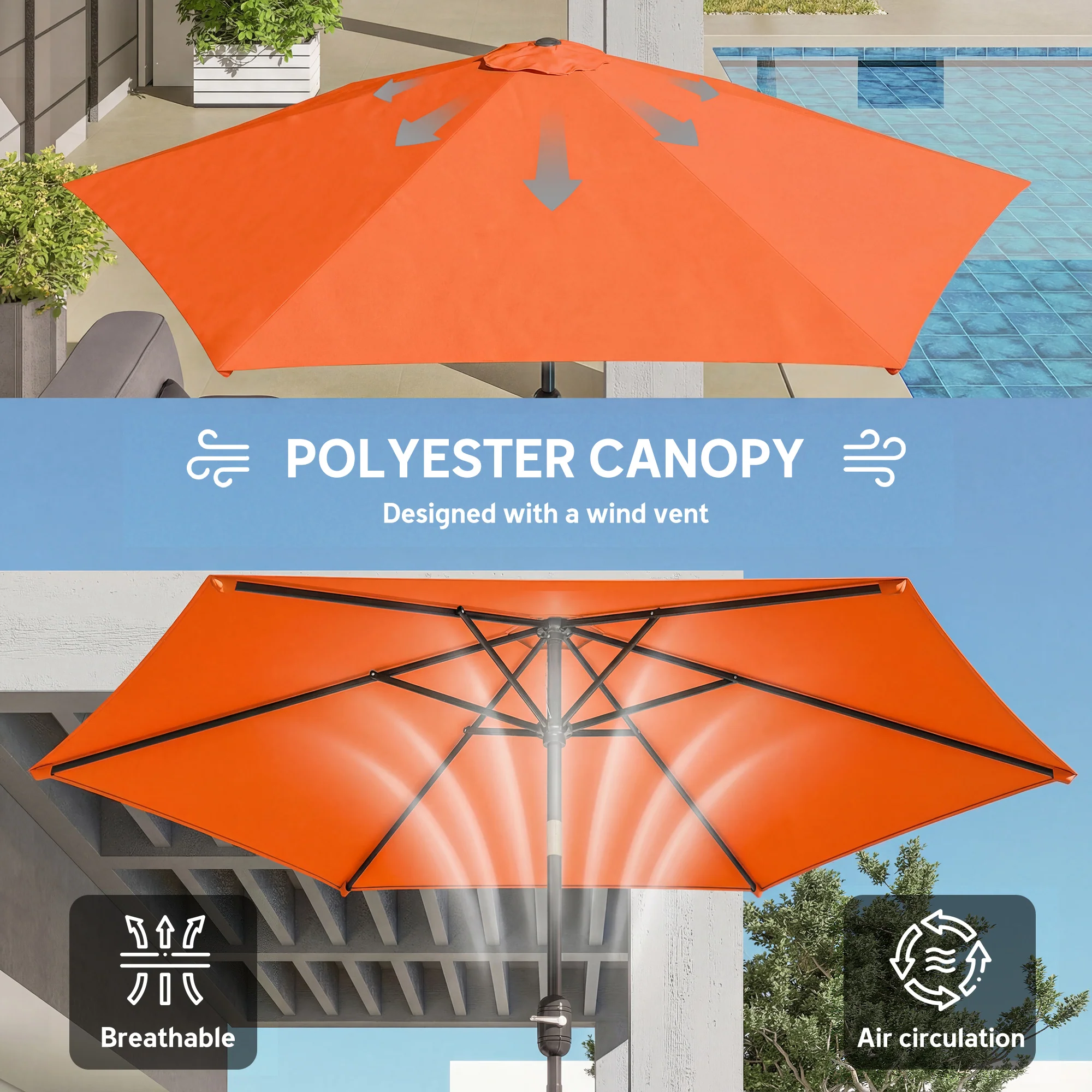 2.6 m Garden Parasol with Tilt, Crank, Vent & Aluminium Pole, Orange - Image 8