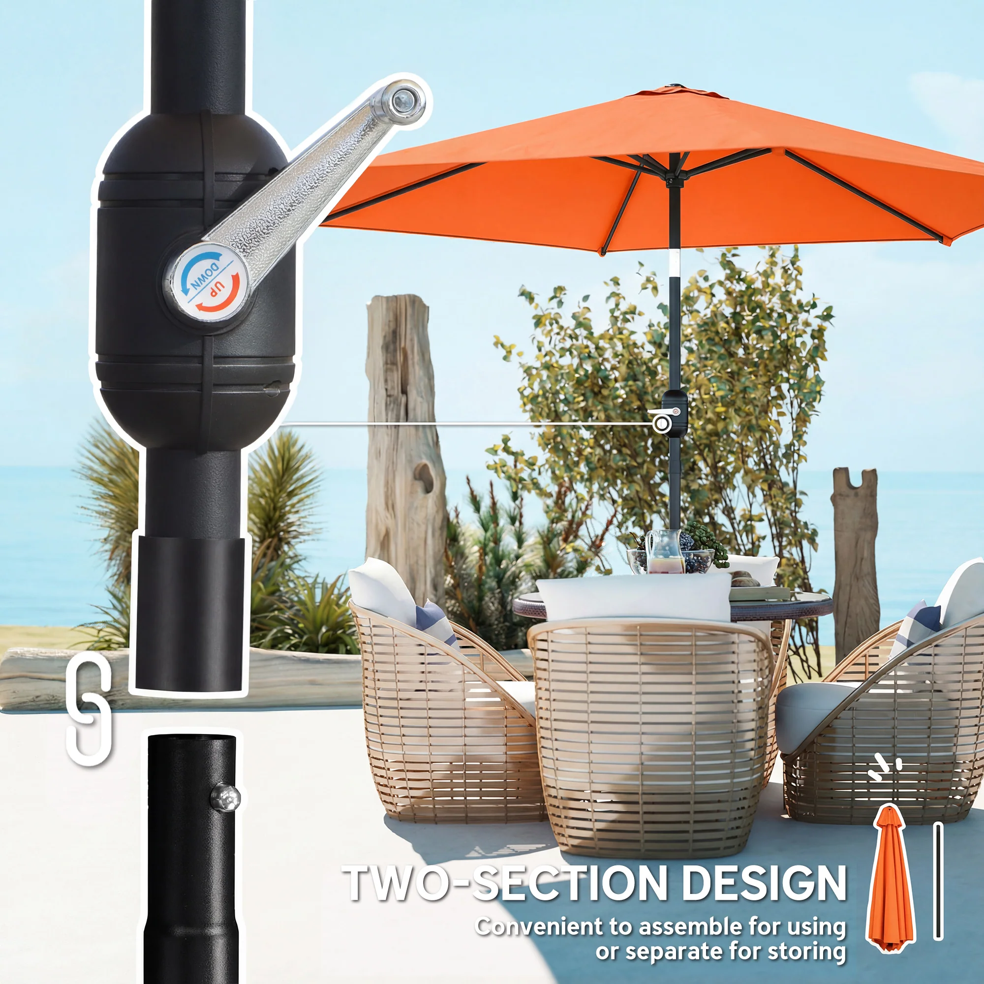 2.6 m Garden Parasol with Tilt, Crank, Vent & Aluminium Pole, Orange - Image 9