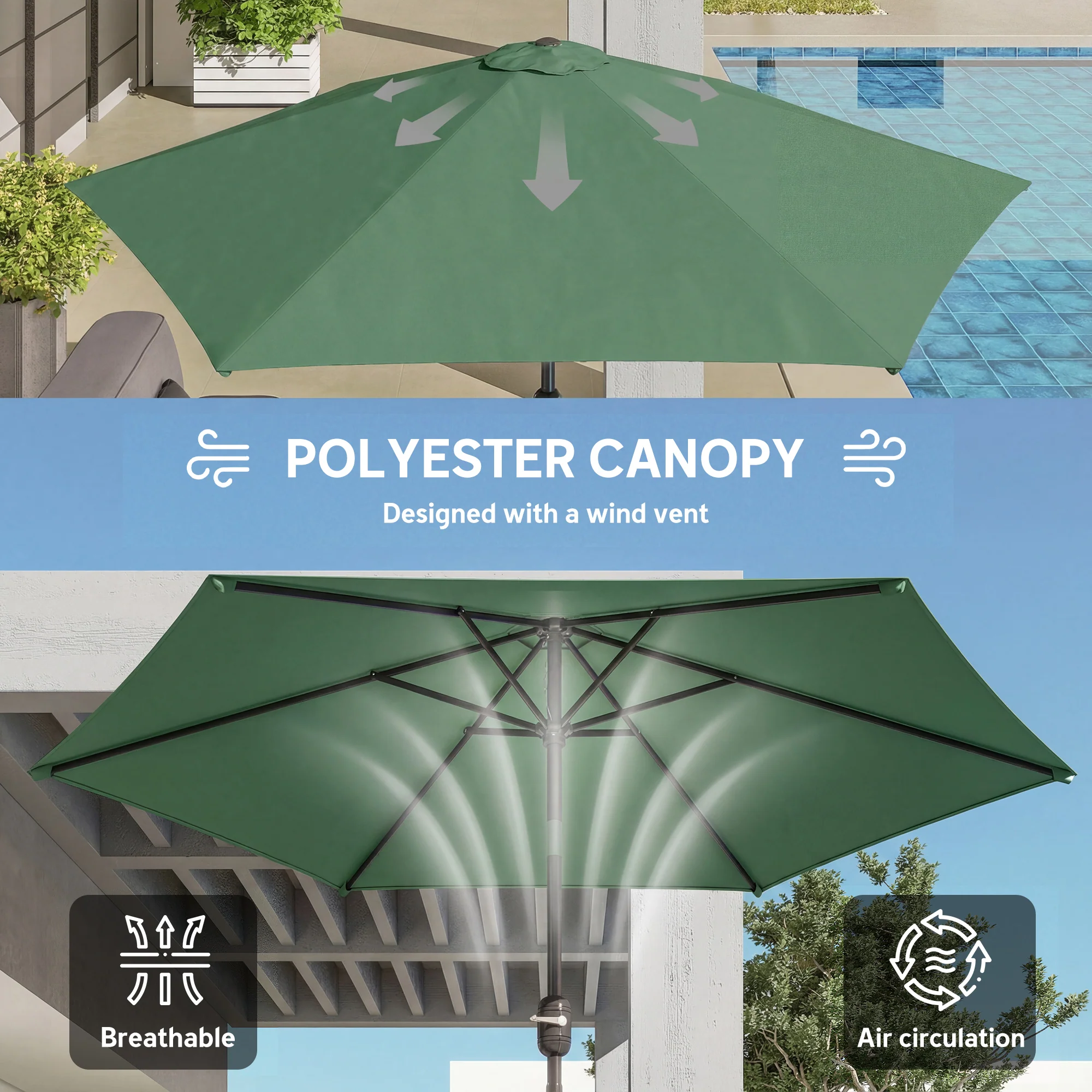 2.6 m Garden Parasol with Tilt, Crank, Vent & Aluminium Pole, Dark Green - Image 8