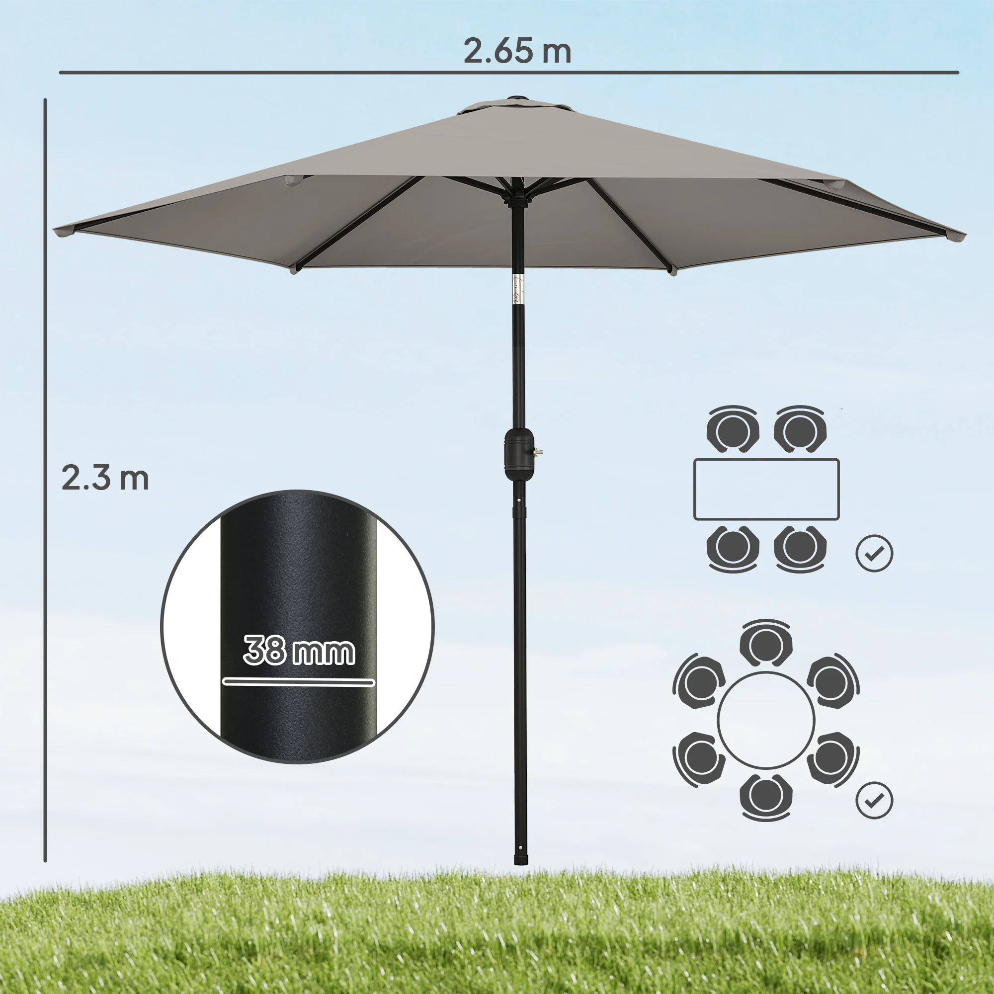 2.6 m Garden Parasol with Tilt, Crank, Vent & Aluminium Pole, Light Grey - Image 5