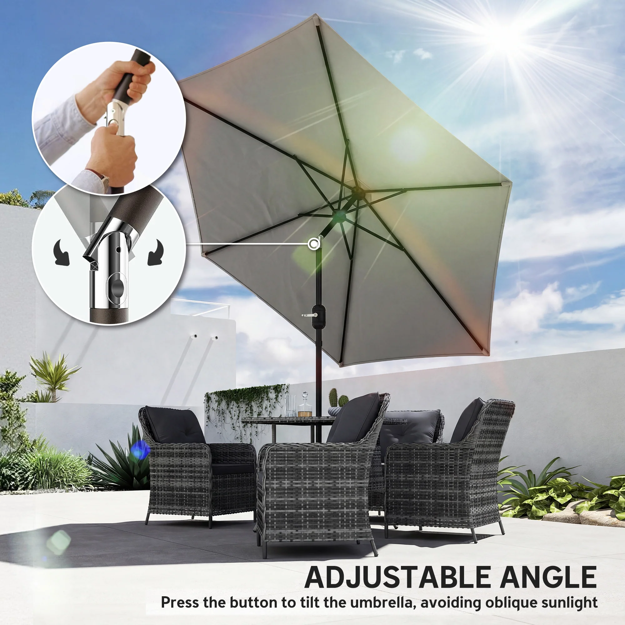 2.6 m Garden Parasol with Tilt, Crank, Vent & Aluminium Pole, Light Grey - Image 7
