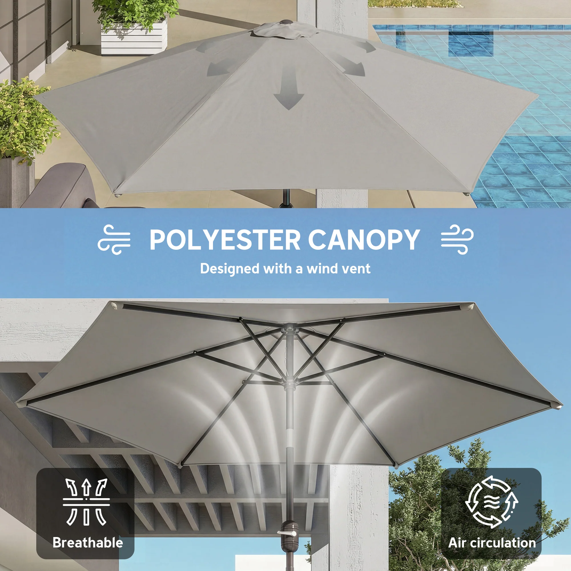 2.6 m Garden Parasol with Tilt, Crank, Vent & Aluminium Pole, Light Grey - Image 8