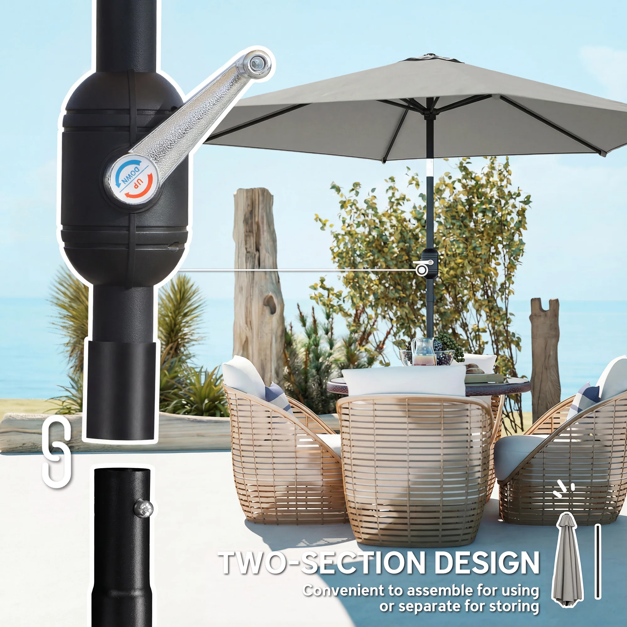 2.6 m Garden Parasol with Tilt, Crank, Vent & Aluminium Pole, Light Grey - Image 9