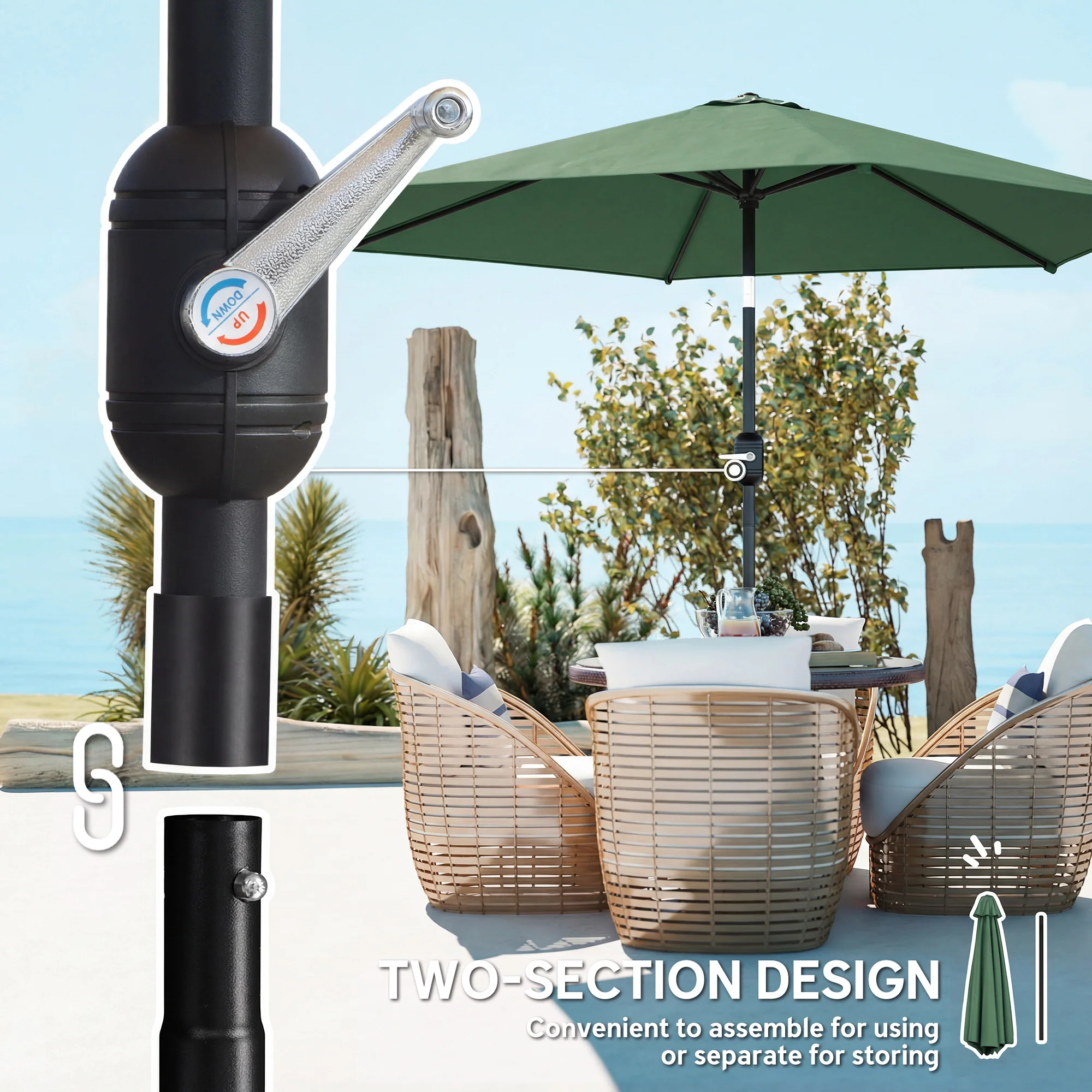 2.6 m Garden Parasol with Tilt, Crank, Vent & Aluminium Pole, Dark Green - Image 9