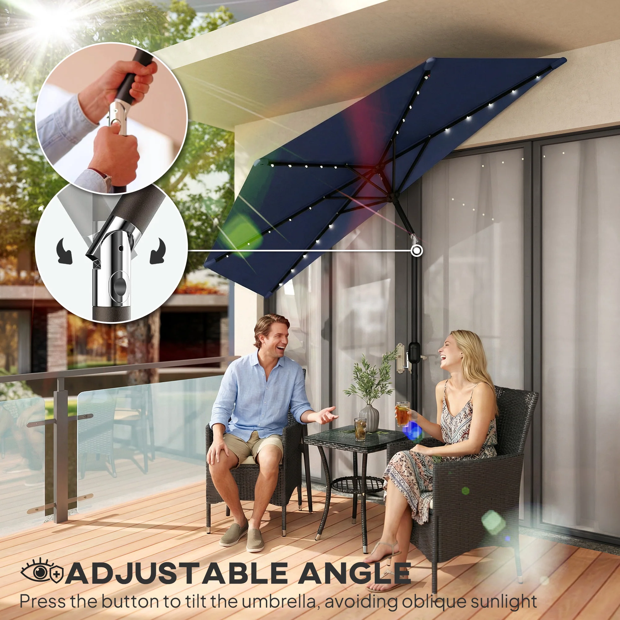 2.6 m Half Garden Parasol with Solar LED Lights and Tilt, Dark Blue - Image 10