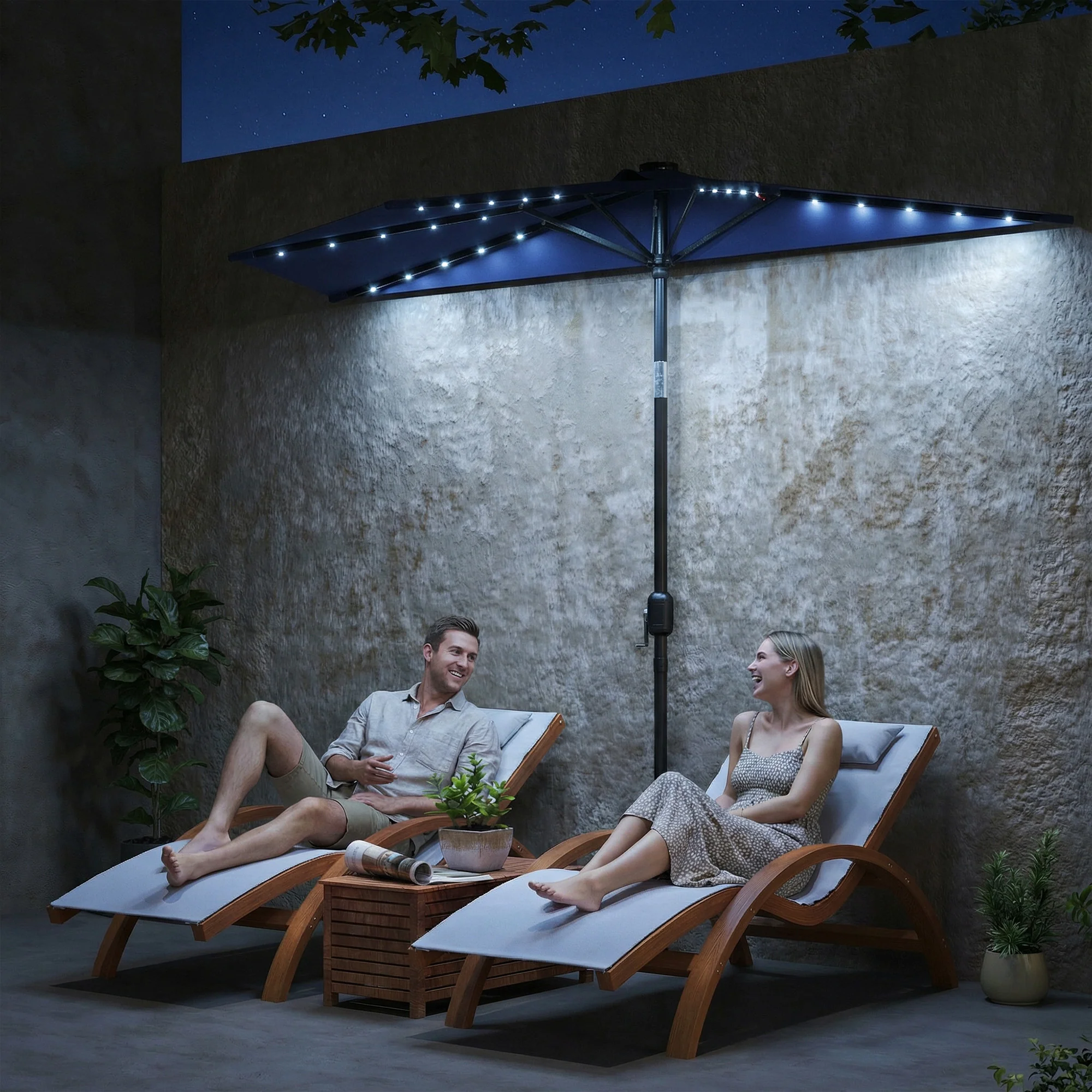 2.6 m Half Garden Parasol with Solar LED Lights and Tilt, Dark Blue - Image 3