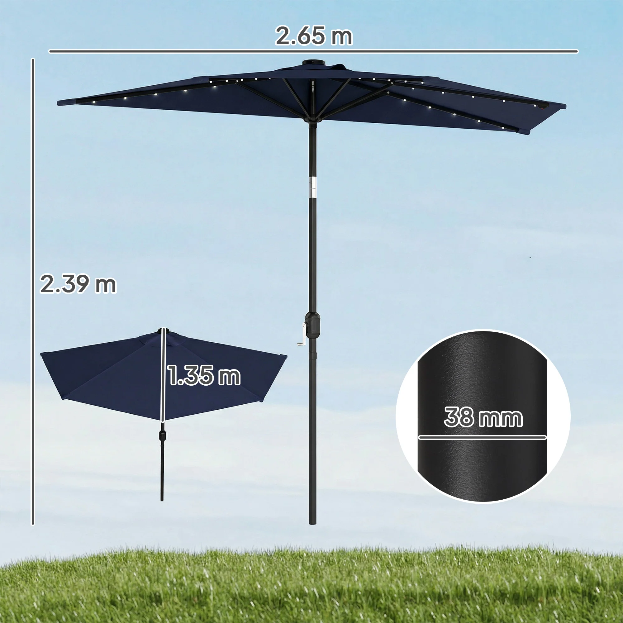 2.6 m Half Garden Parasol with Solar LED Lights and Tilt, Dark Blue - Image 5