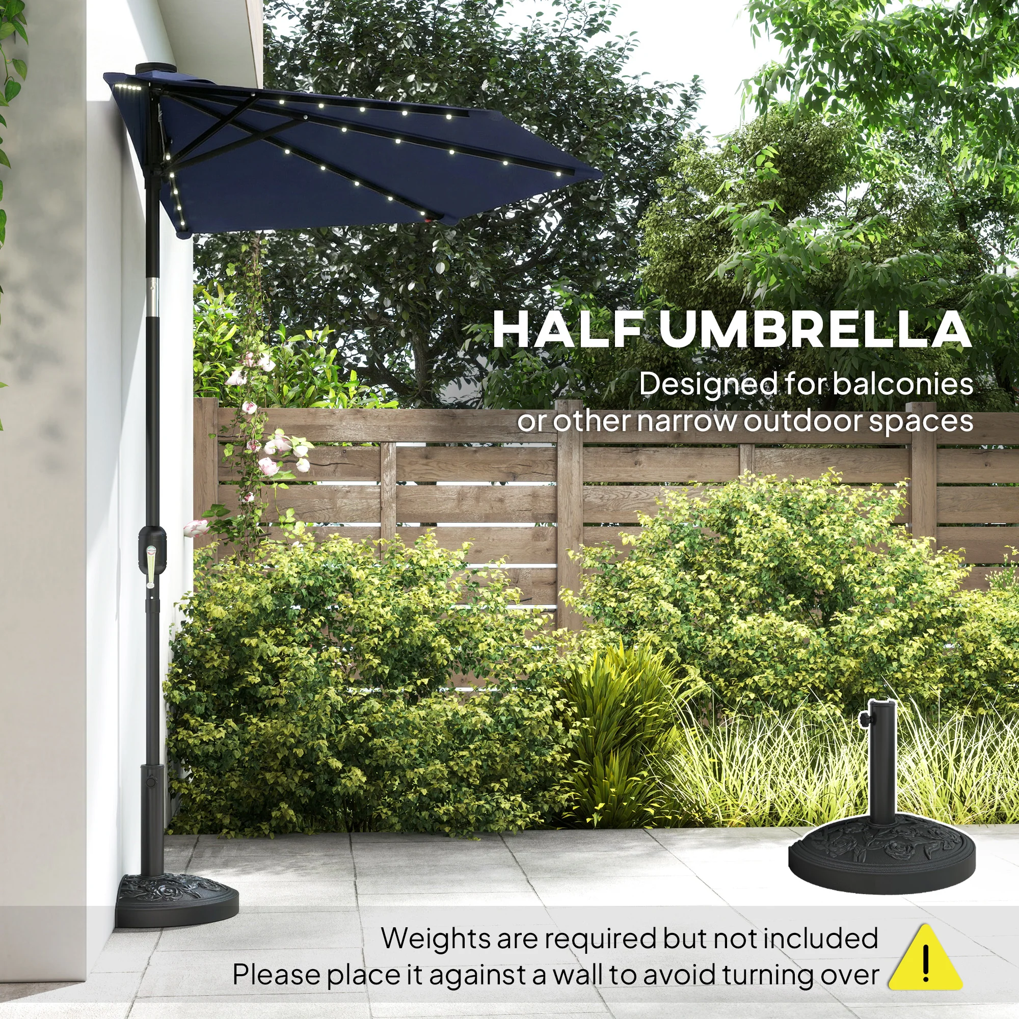 2.6 m Half Garden Parasol with Solar LED Lights and Tilt, Dark Blue - Image 6