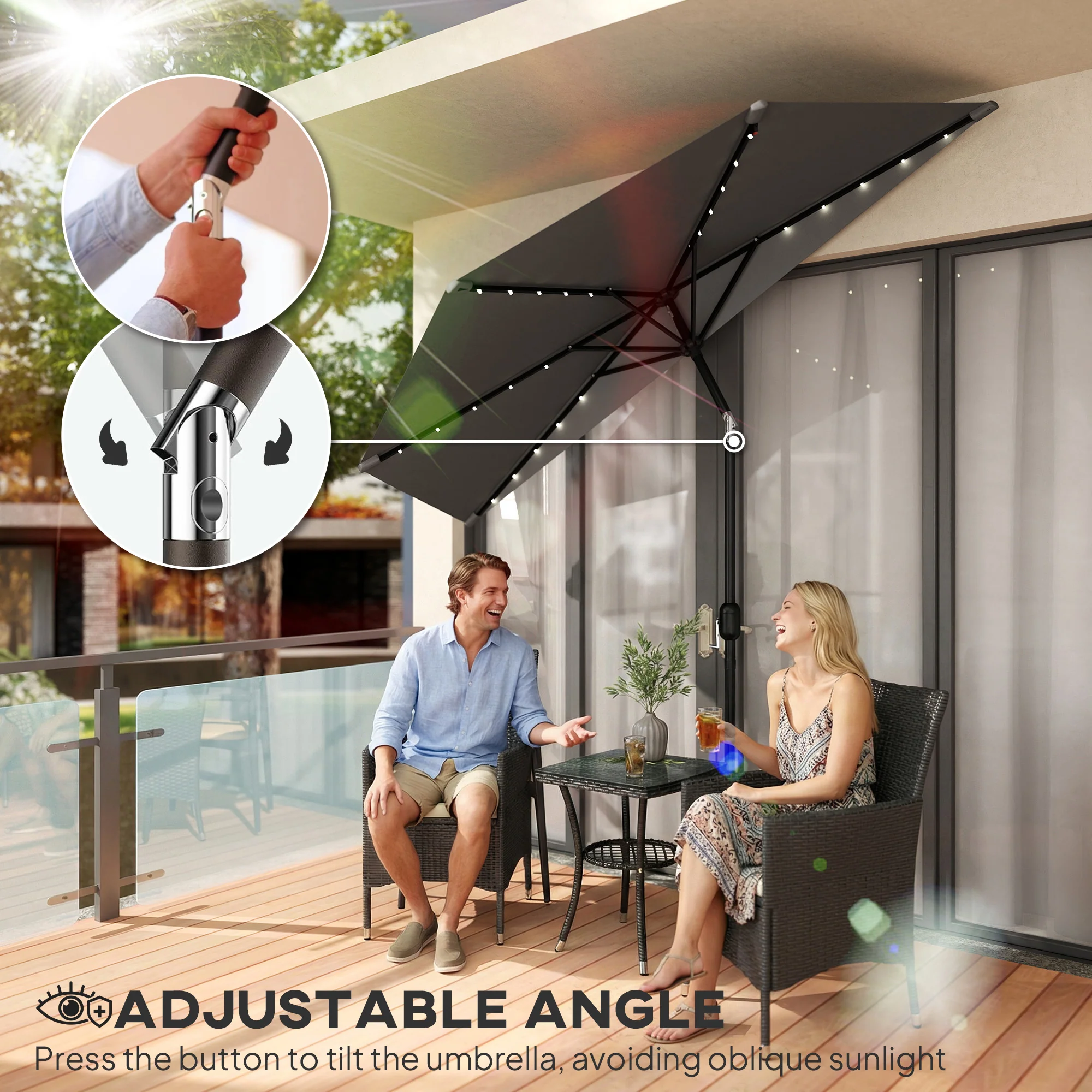 2.6 m Half Garden Parasol with Solar LED Lights and Tilt, Dark Grey - Image 10