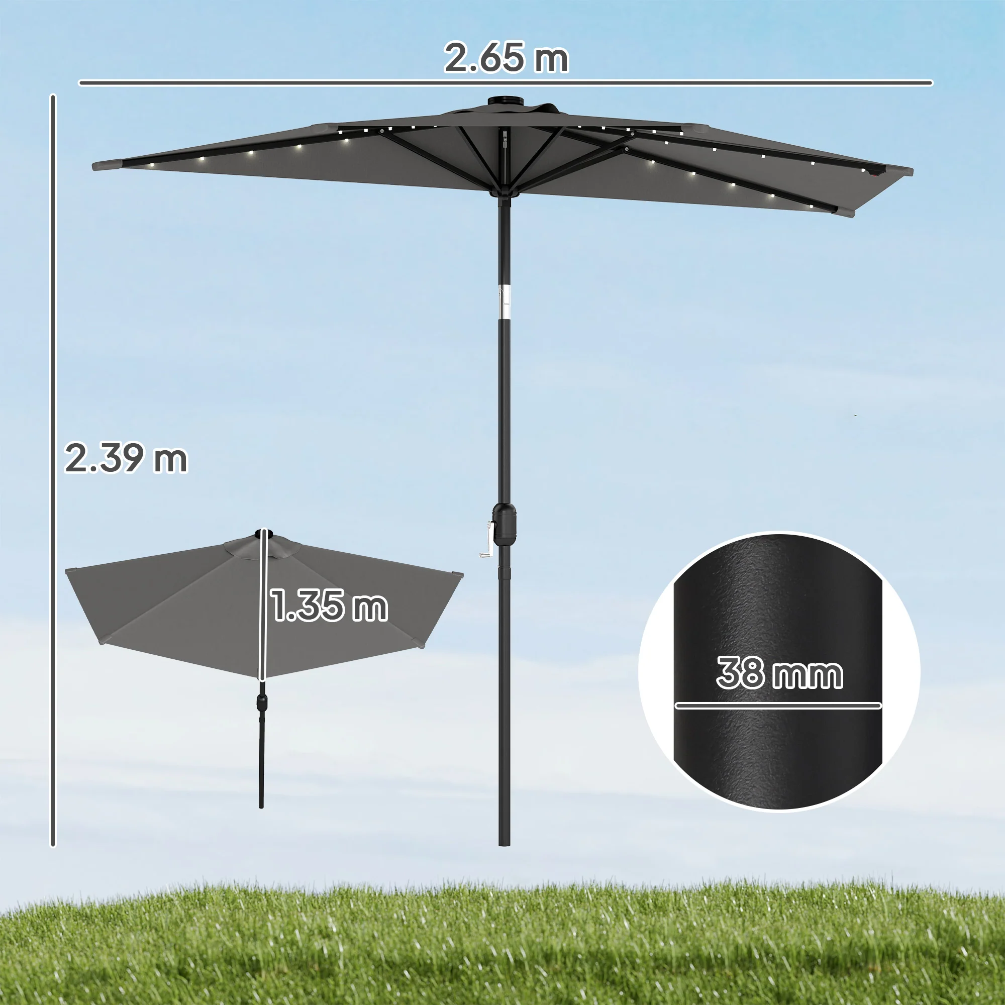 2.6 m Half Garden Parasol with Solar LED Lights and Tilt, Dark Grey - Image 5