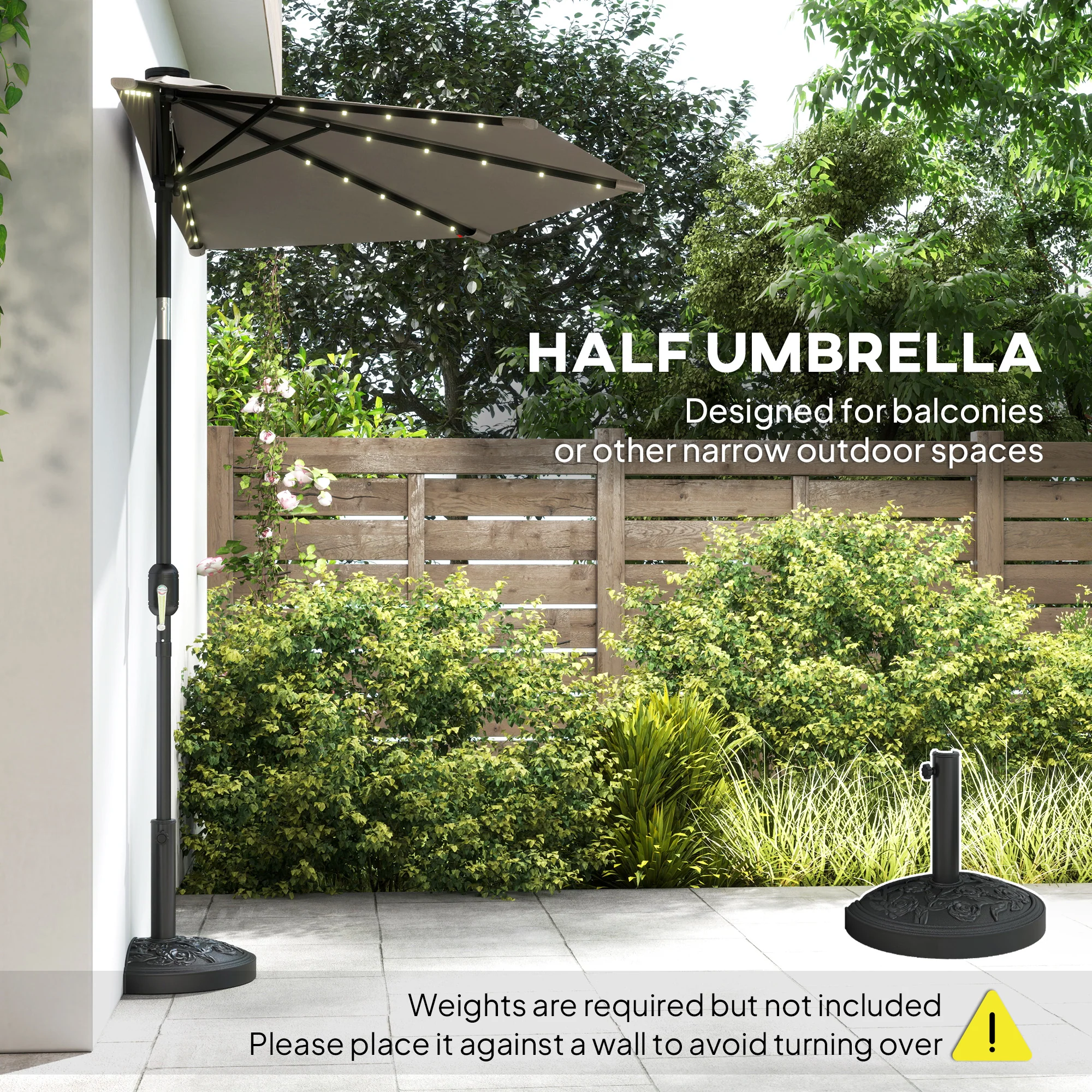 2.6 m Half Garden Parasol with Solar LED Lights and Tilt, Dark Grey - Image 6