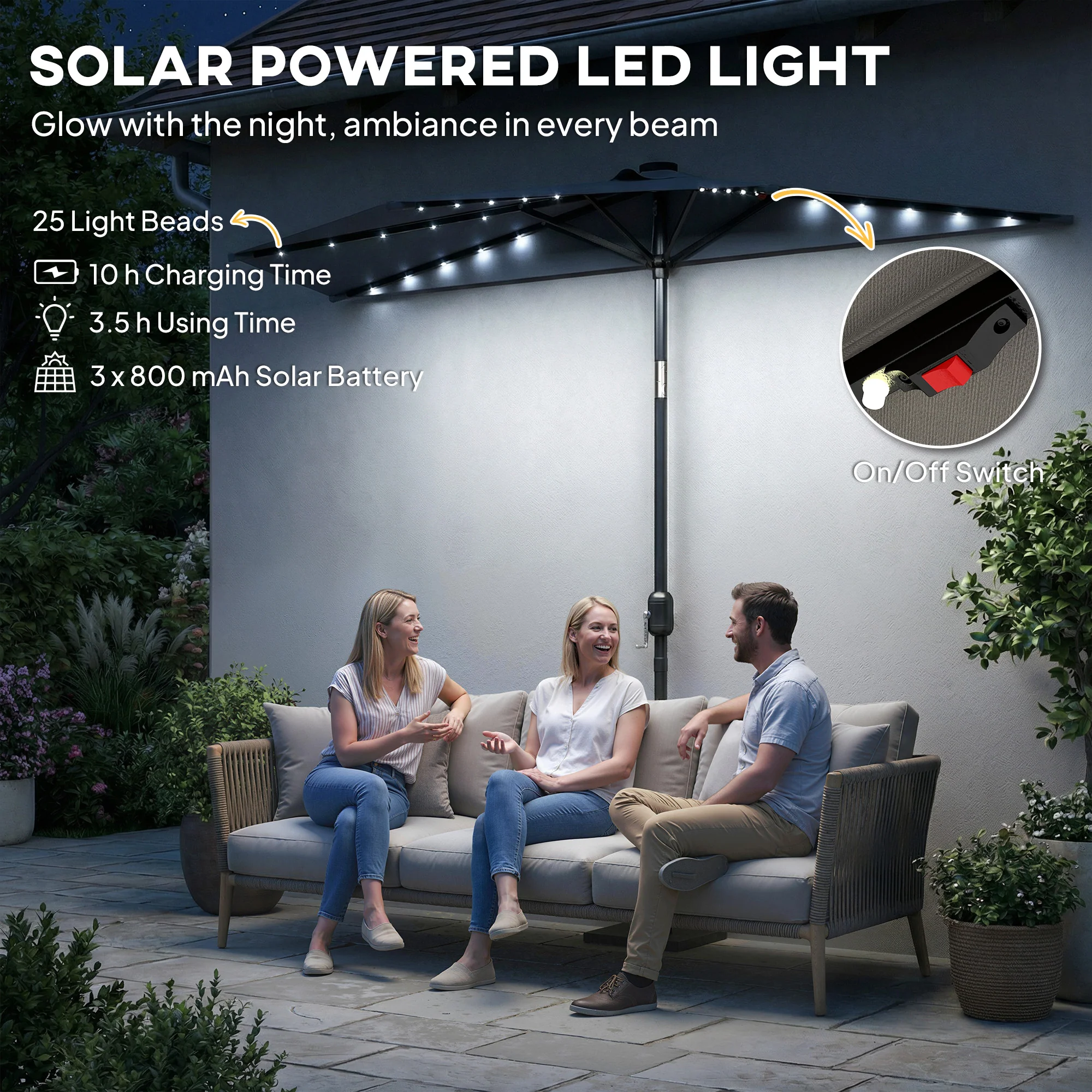 2.6 m Half Garden Parasol with Solar LED Lights and Tilt, Dark Grey - Image 7