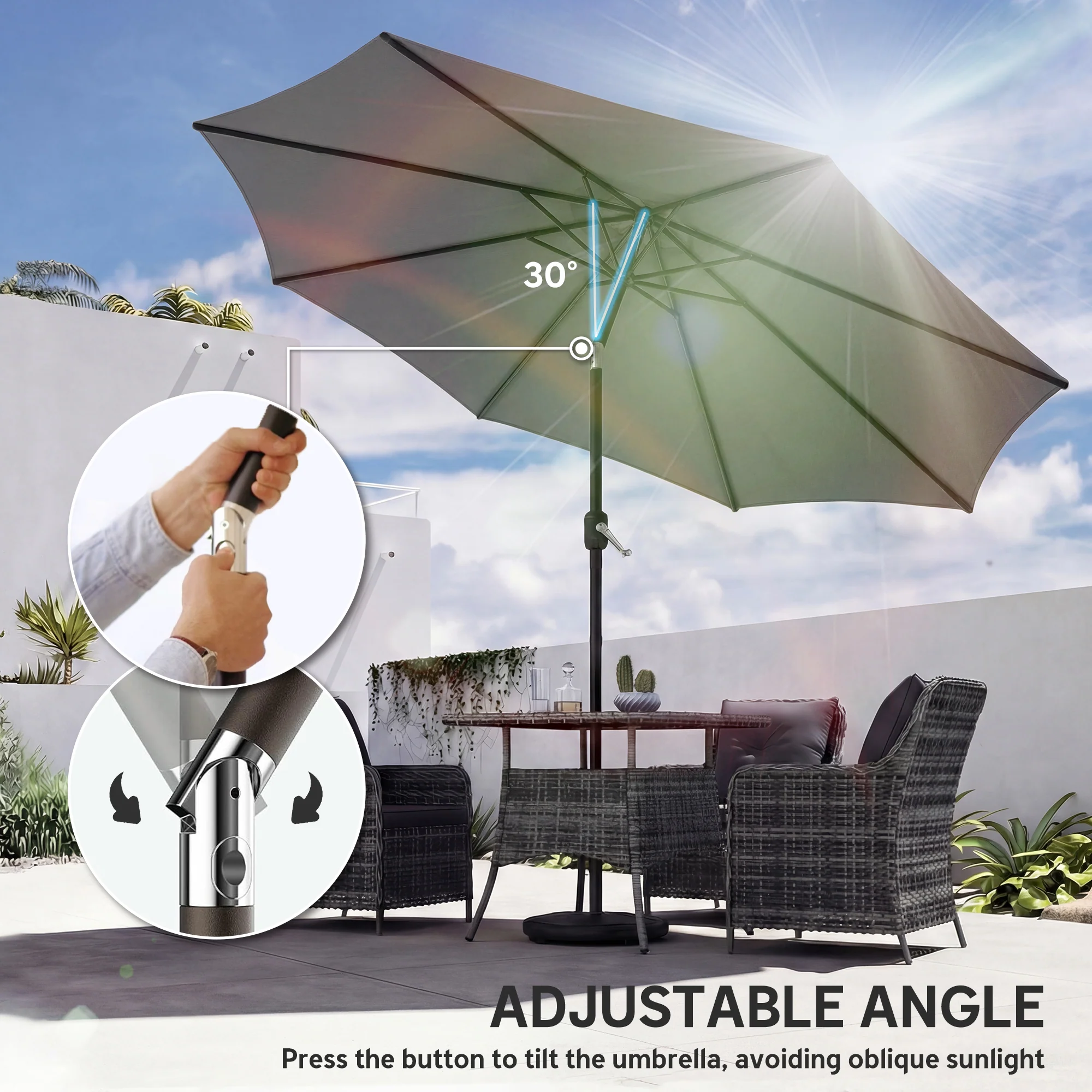 2.7 m Garden Parasol with Cross Base, Sandbag and Tilt, Light Grey - Image 10