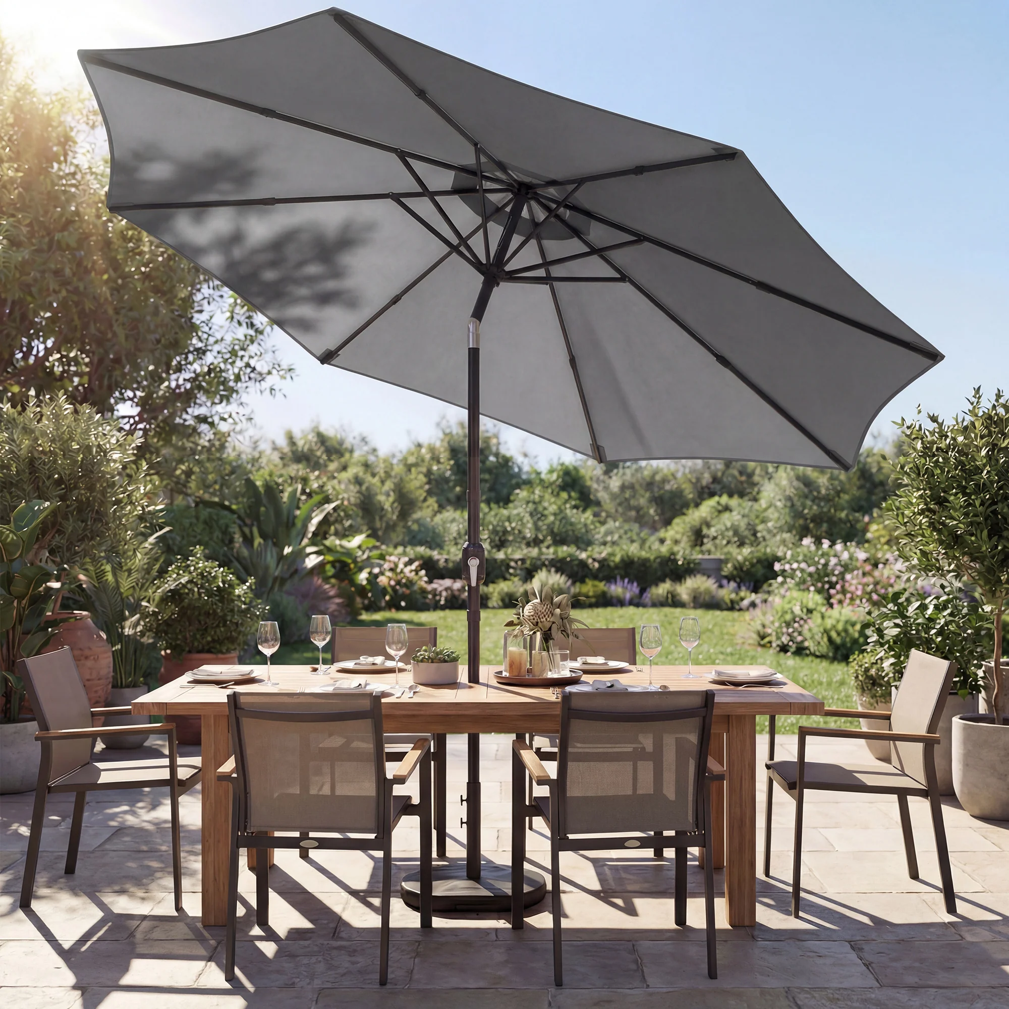 2.7 m Garden Parasol with Cross Base, Sandbag and Tilt, Light Grey - Image 3
