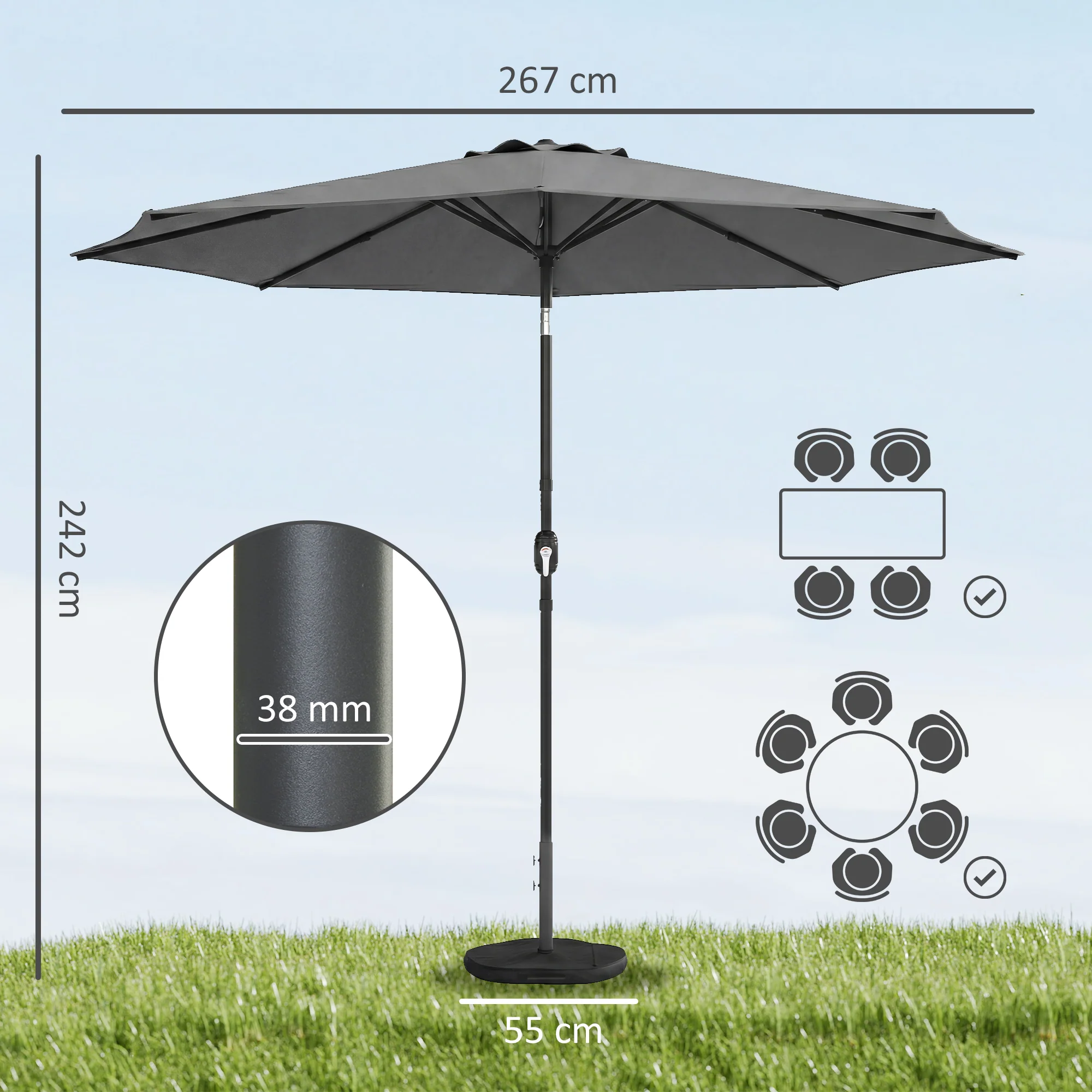 2.7 m Garden Parasol with Cross Base, Sandbag and Tilt, Light Grey - Image 5